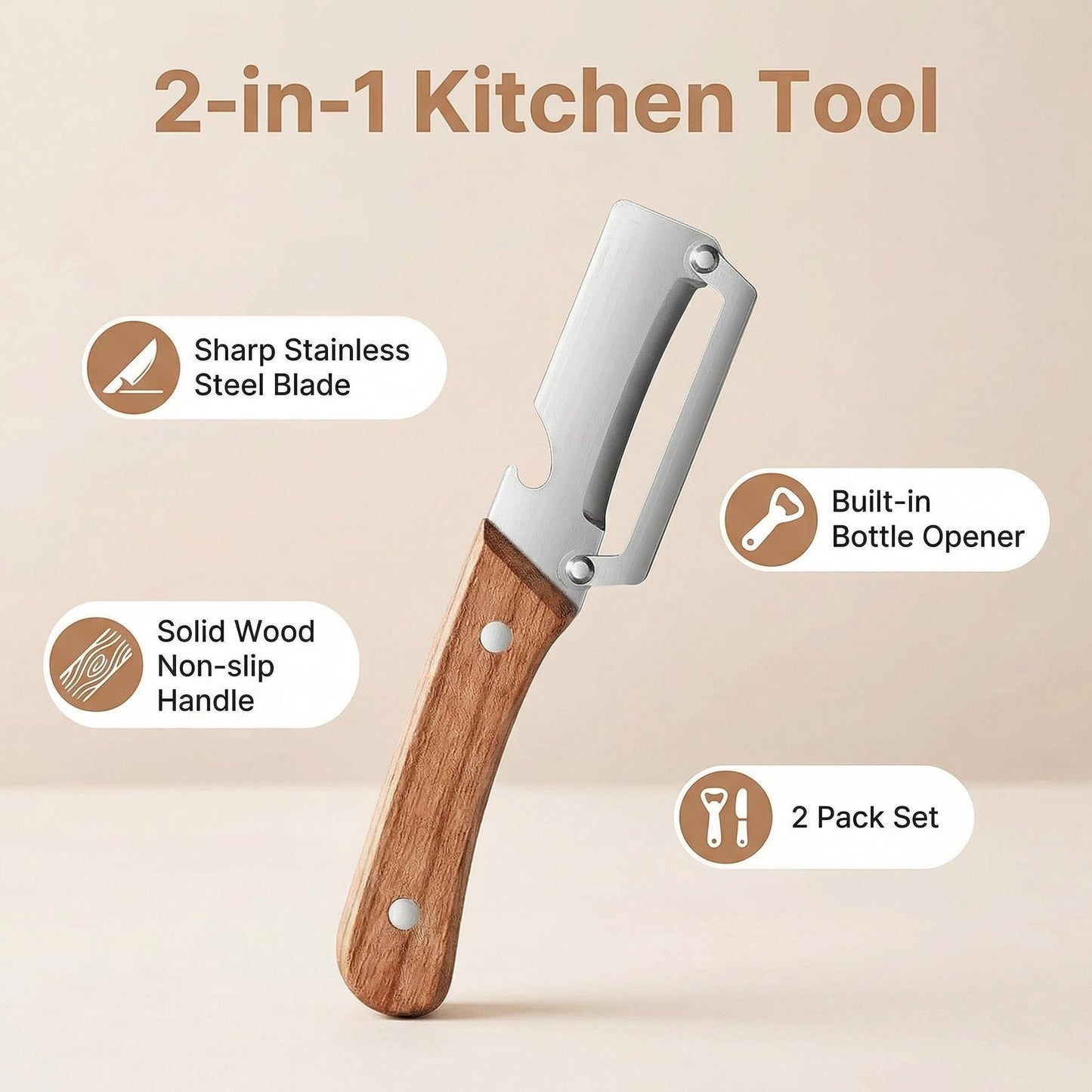 Multifunctional Premium Vegetable Peeler with Wooden Handle, Stainless Steel Blade & Bottle Opener, Non-Slip Kitchen Tool for Fruit, Apple, Potato, Pumpkin, Papaya, Zucchini (2pcs)