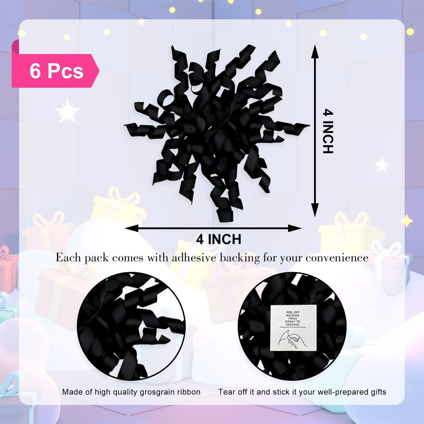 YKW Classic Black Curly Gift Bows for Wrapping - 6 Pack Large 4" Self Adhesive Grosgrain Ribbon Bows for Elegant Presents, Graduation, Birthday & Formal Gift Decorations