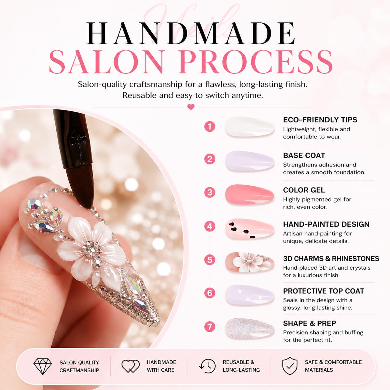 Exylixor Handmade Press on Nails Short Duck Shape - Romantic Balletcore Pink Fake Nails, 3D Bows & Rhinestone Flared False Nails, Coquette Style, 10 Pcs for Women (Size M)