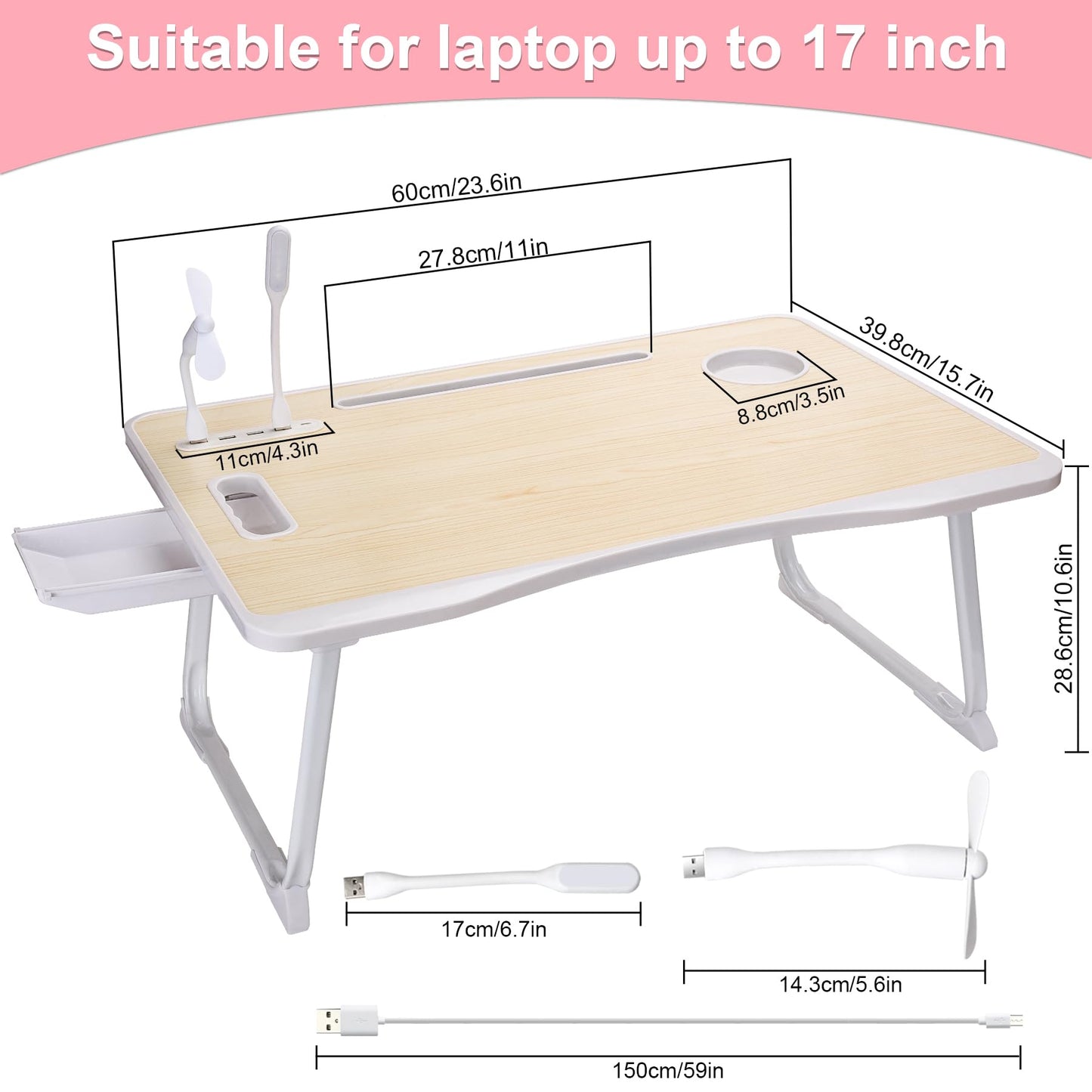 Laptop Bed Table, Laptop Desk for Bed, Foldable Laptop Bed Desk with USB Charge Port, Handle, Desktop Card Slot, Cup Slot, Side Drawer, Laptop Table Portable Notebook Stand for Eating Reading Working