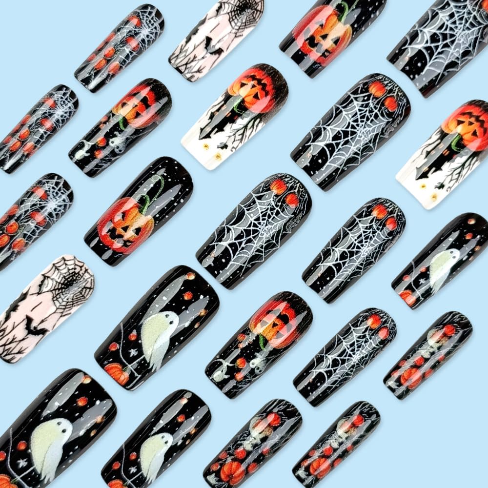 Halloween Press on Nails Medium Square Fake Nail Cobweb Pumpkin False Nails with Castle & Bat Designs Full Cover Glossy Stick on Nail Ghost Glue on Nails for Women 24Pcs