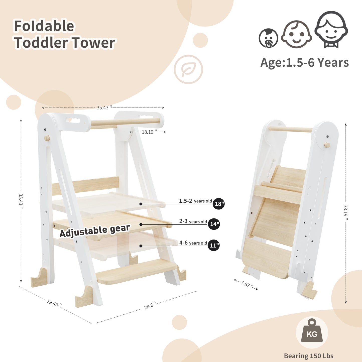 Kids Kitchen Step Stool, Foldable Toddler Tower, Height Adjustable Toddler Standing Tower with Safty Rail and Anti-Slip Device, Wooden Stool for 1.5-6 Years (Wood Color-White)