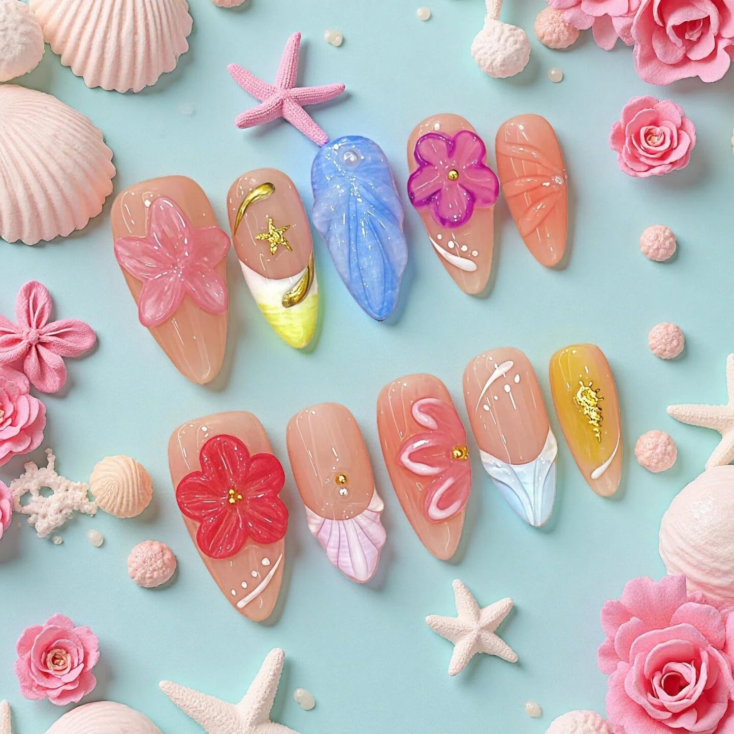 Tesytto Handmade Press on Nails 3D Floral Carved Medium Almond Fake Nails French Tips, Multi-Layer Gel Acrylic Nails for Women Nail Art (Sheer Floral Glow,S)