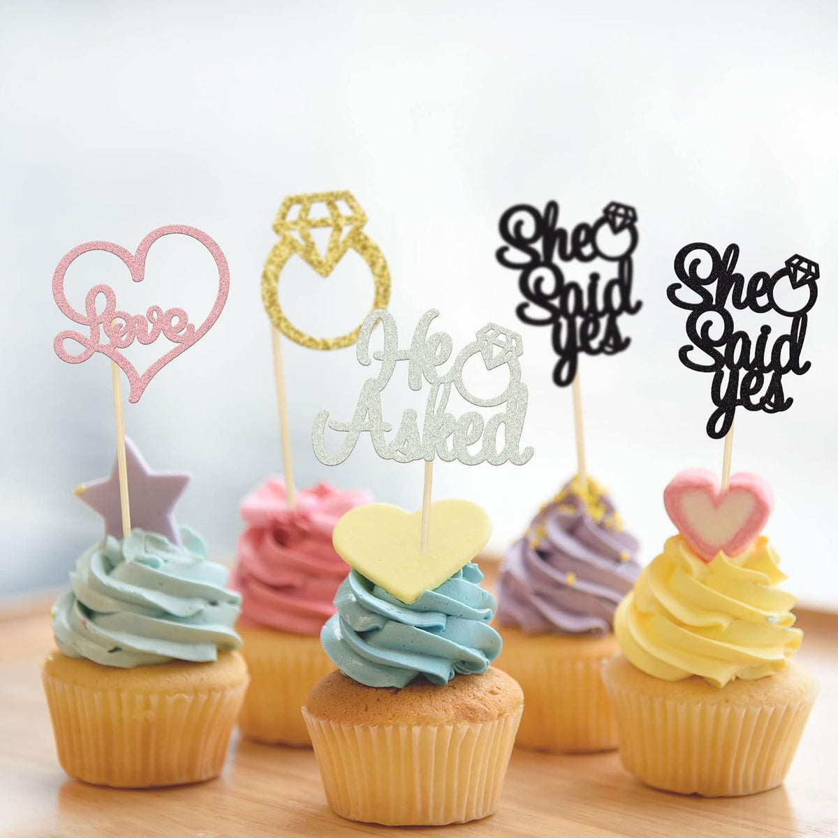 Gyufise 24 Pack Multicolor Glitter He Asked She Said Yes Cupcake Toppers Diamond Ring Heart Cake Picks for Wedding Engagement Party Table Decorations