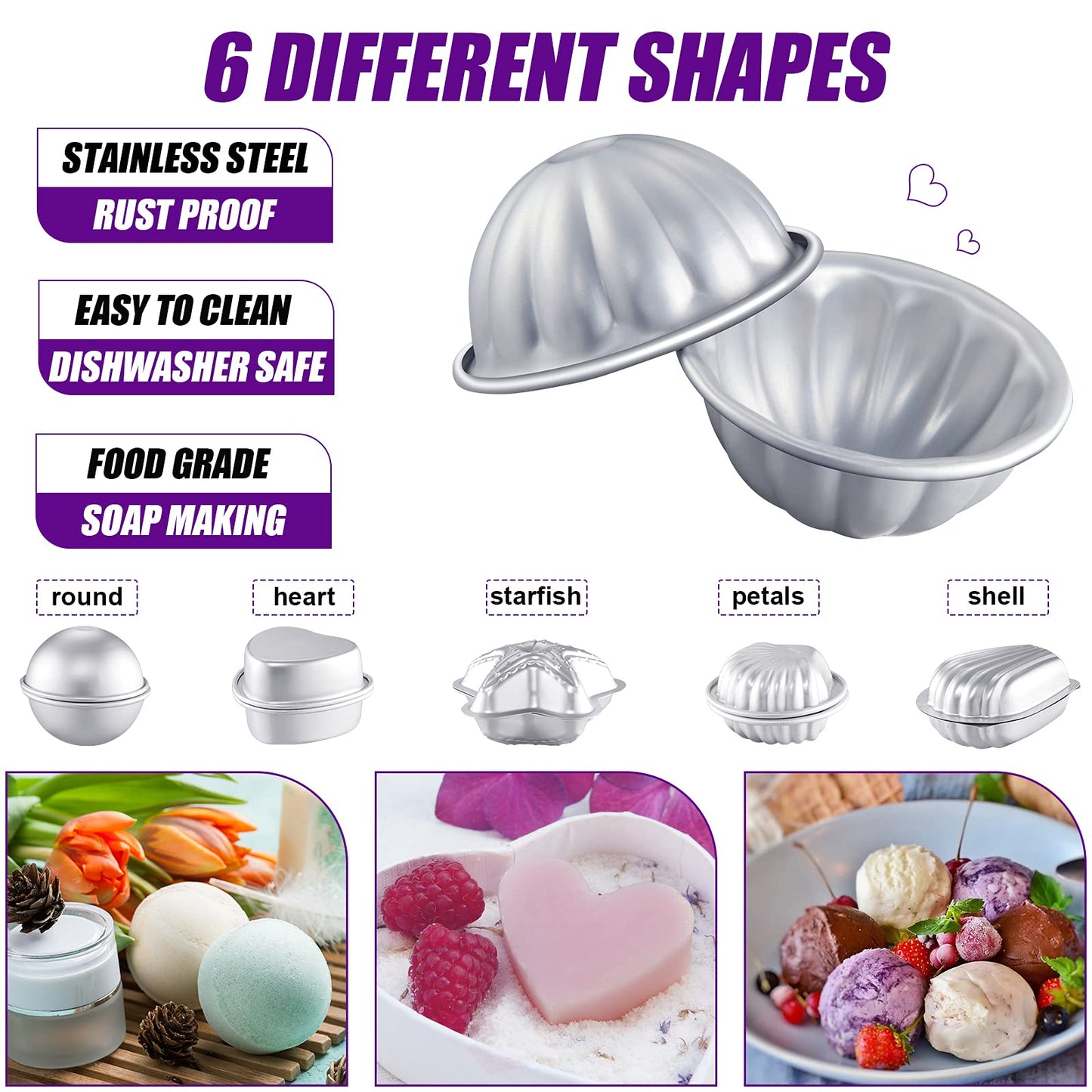 Patelai 12 Pcs Bath Bomb Molds 6 Shapes Metal DIY Bath Bomb Making Crafts Crafting Press Mould for Handmade Soaps Candle Cake Ice Cream Baking Handicrafts Making Supplies