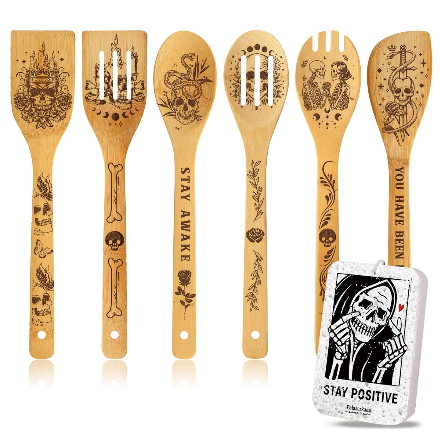 Skull Engraved Bamboo Spoons Cooking Set - 6 Pcs Goth Kitchen Tools, Unique Gifts for Women Dark Aesthetic Lovers, Edgy Home Decor for Halloween Housewarming Birthday Alternative Style