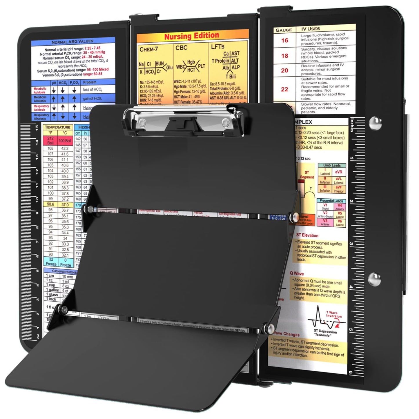 Nursing Clipboard Foldable, Foldable Clip Board w/Nursing Edition Cheat Charts, 3 Layers Aluminum, Nurse Clipboards w/Low Profile Clip & Pen Clip Pocket for Students, Nurses and Doctors, Black