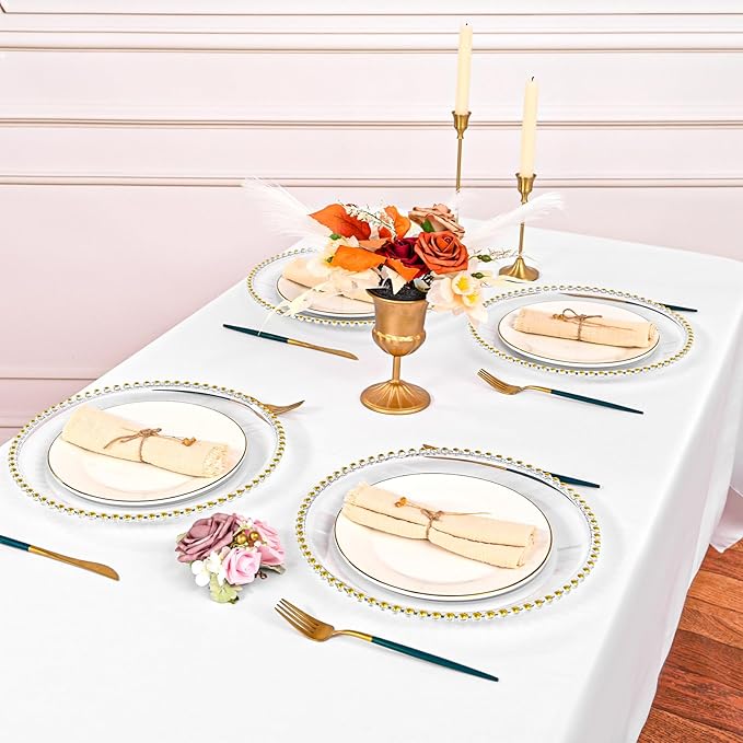 12 PCS Clear Round Charger Plates with Beaded Rim, 13 Inch Plastic Acrylic Plate, Plastic Round Beaded Dinner Decorative Service Plates for Wedding Party Event, Home Kitchen Tabletop(Gold)