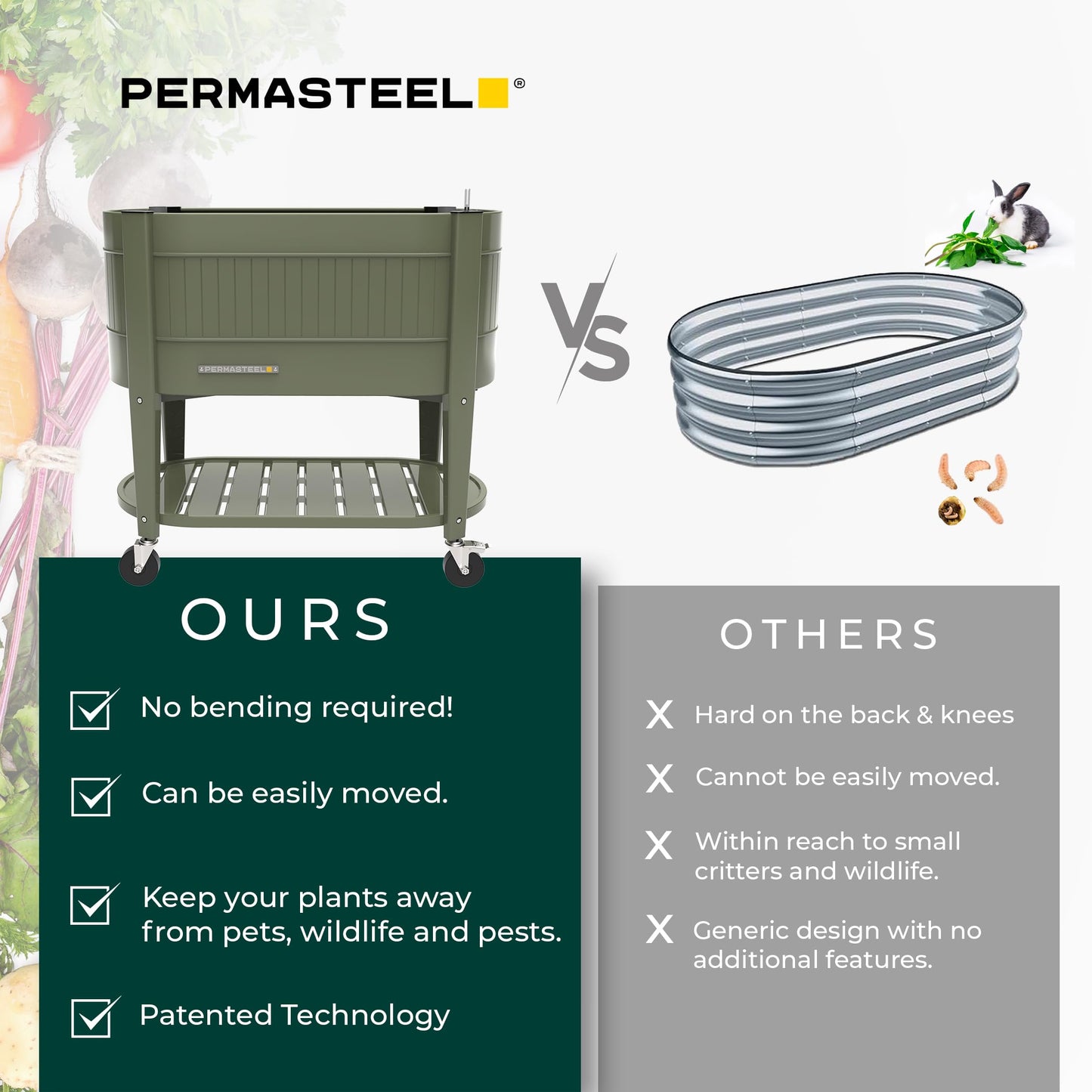 Permasteel Raised Garden Bed with Legs, Planter Box with EnGrow™ TrueSoil™ Technology for Vegetables, Flowers, Herbs, and Fruit, Outdoor Indoor, Storage Shelf, Caster Wheels, Green