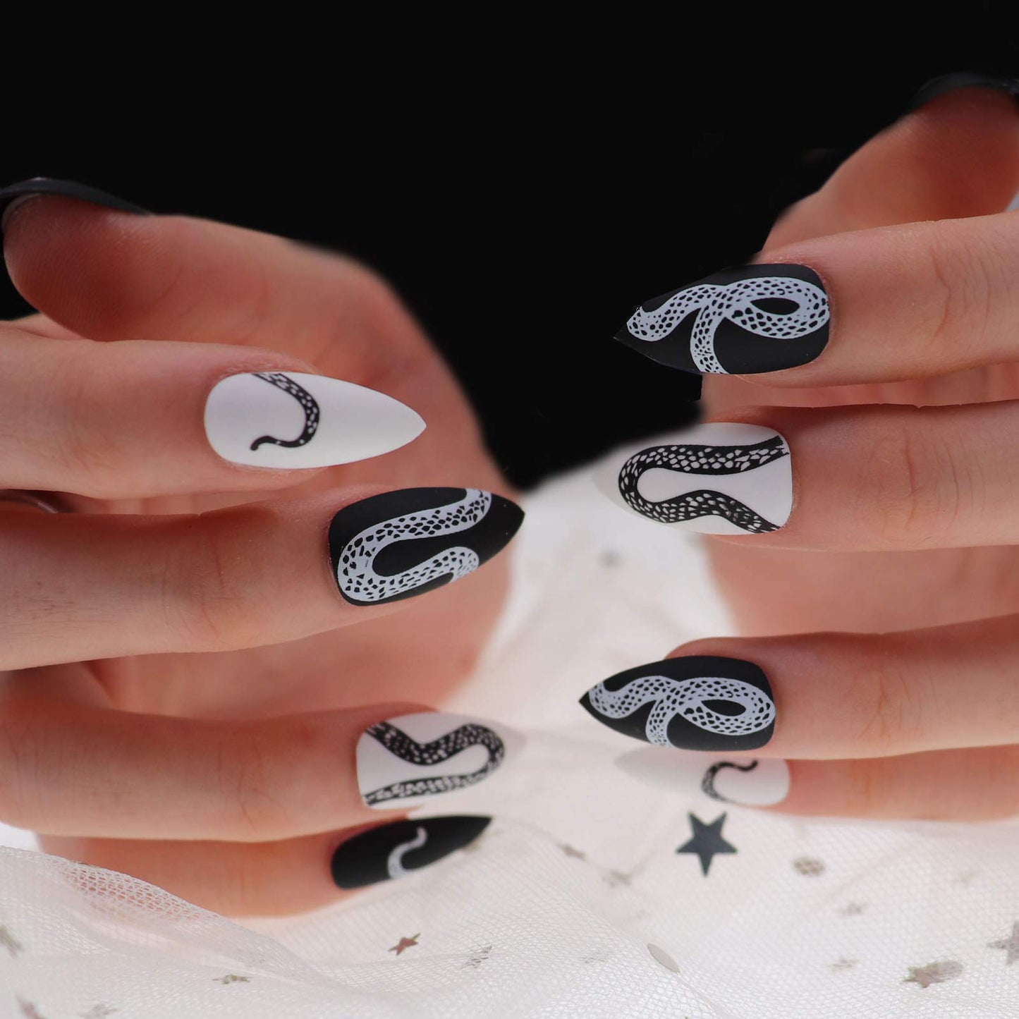 MISUD Press on Nails - Medium Stiletto Glue on Nails with Goth Snake, Acrylic Gothic Black White Design 24 pcs