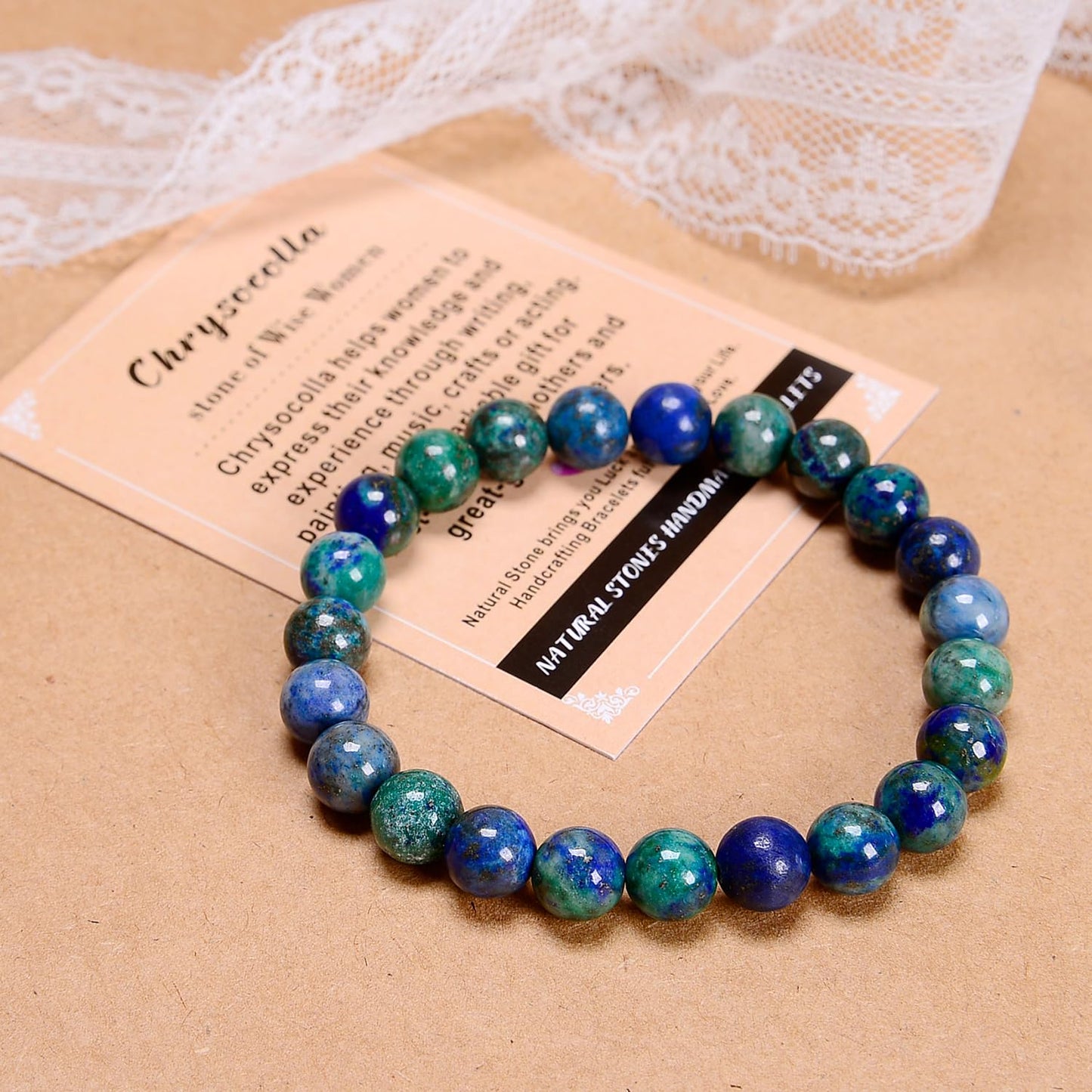 AD Beads Handmade Gemstone Stretch Elastic Bracelet Crystal Healing Reiki Nature's Beauty and Spiritual Essence Unisex (8mm, Chrysocolla (Wise Women))