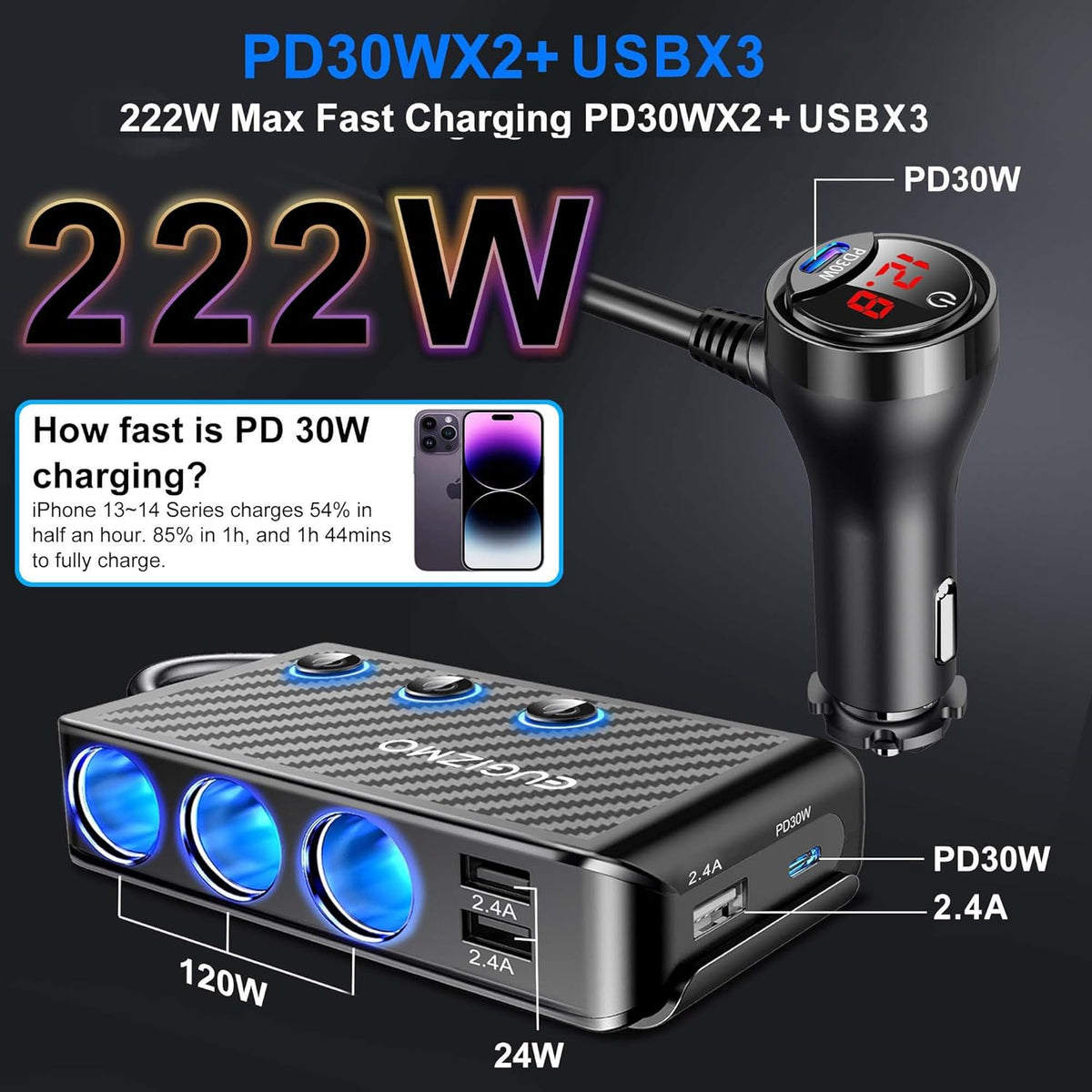 Cigarette Lighter Adapter, 222W 3 Socket Car Cigarette Lighter Plug USB Charger Multi Port 12V Car Plug Outlet Splitter with LED Voltage Display Independent Switches