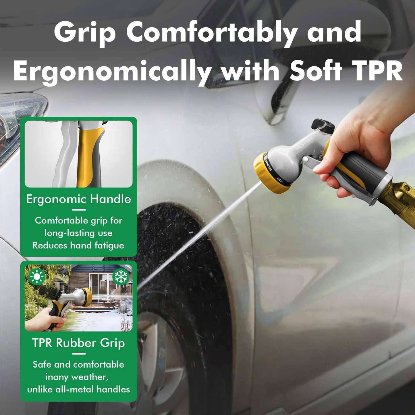 RESTMO Garden Hose Nozzle, Heavy Duty Metal Water Hose Nozzle with 7 Adjustable Spray Patterns, High Pressure Hand Sprayer with Flow Control, Best for Watering Plant & Lawn, Washing Car & Pet, Yellow