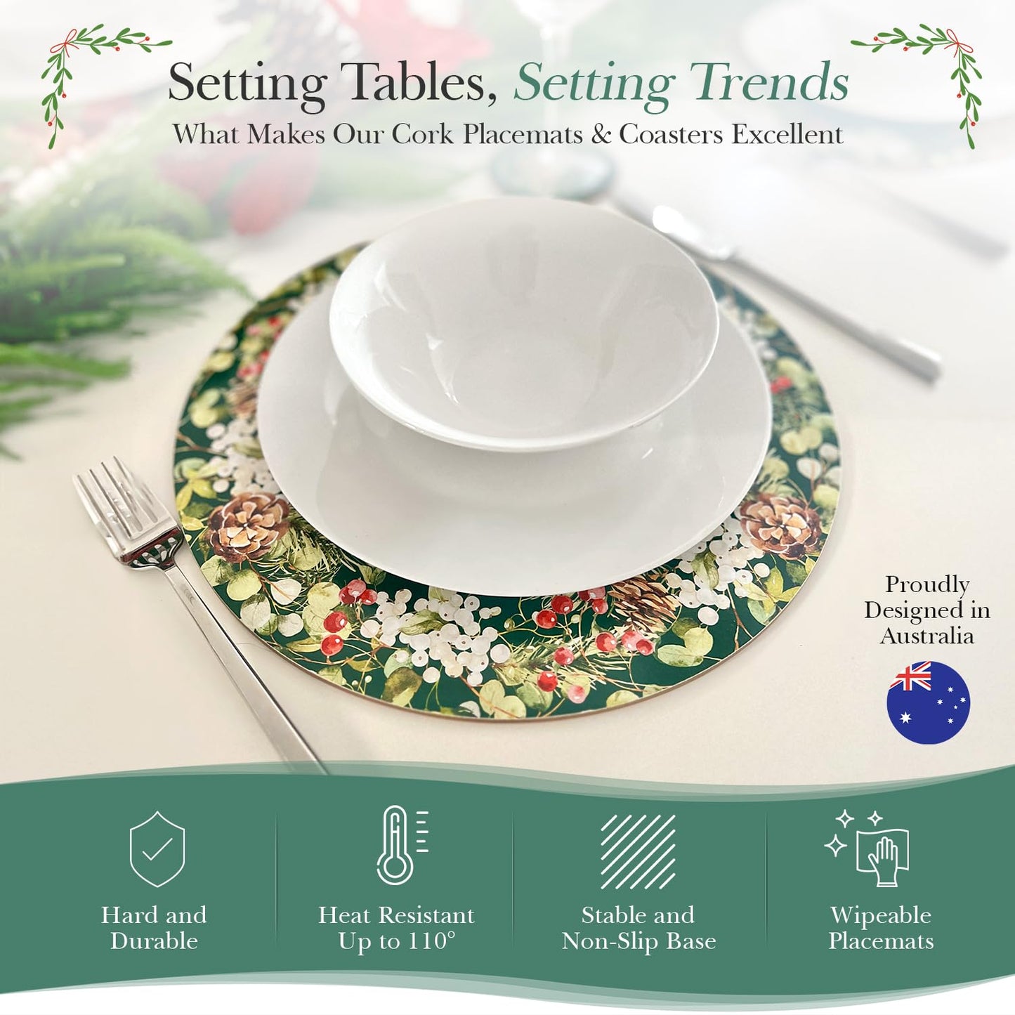 Verdi Livin Cork Placemats Set of 6 Matching Coasters I Heat Resistant Place Mats for Dining Table 16" x 12", Cork Backed, Wipeable (Wreath Green)