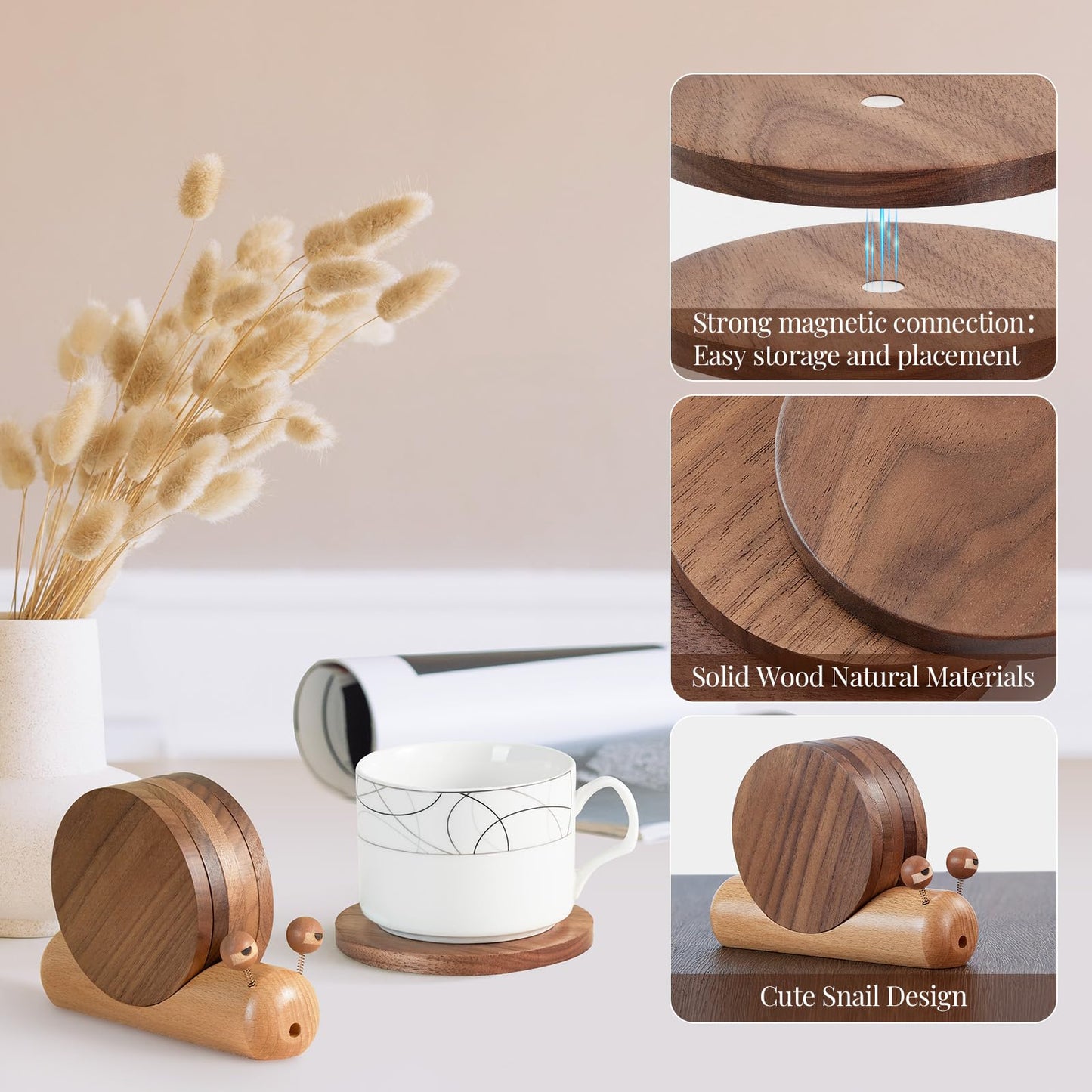 Wooden Coasters for Drinks-Natural Acacia Wood Drink Coaster with Magnetic for Coffee Table,Fun Cute Coasters with Holder for Modern Home Decor-Set of 5