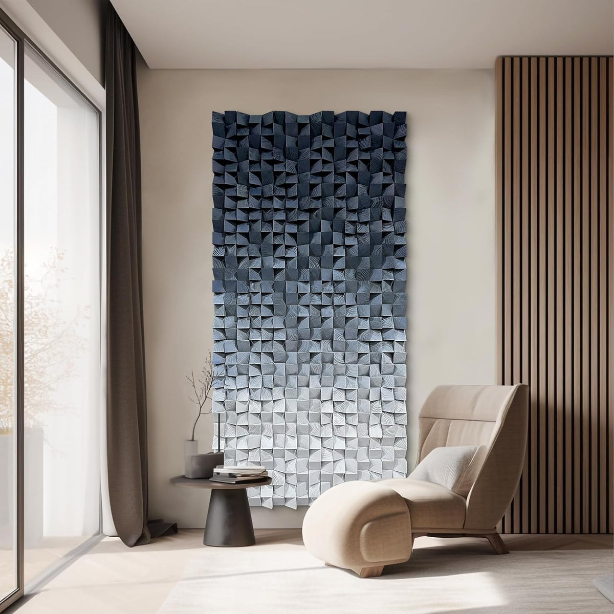 LIUZEYUE - 3D wooden block decoration painting art wall decoration 3D wooden background wall living room bedroom study (blue gray gradient) 39.4"x78.7"