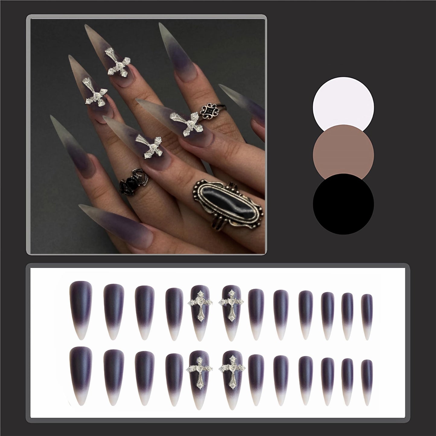 BABALAL Long Stiletto Press on Nails Almond Fake Nails Supplies Black Goth Nails Glue on 3D Metallic Cross Charm Acrylic Nails Y2k Thick False Nails Art 24Pcs Handmade Matte Artificial Nails Diy Nail
