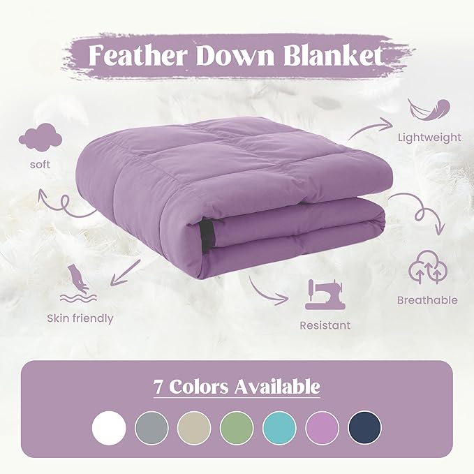 puredown® Queen Size Blanket for Bed, Ultra Soft Lightweight Down & Feather Fill, All Season Blanket, Machine Washable, 88"X90", Lavender