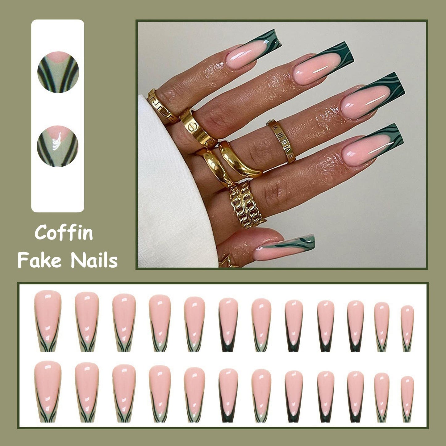 MISUD Press on Nails - Long Coffin Glue on Nails, Acrylic Dark Green French Tip Design 24 pcs