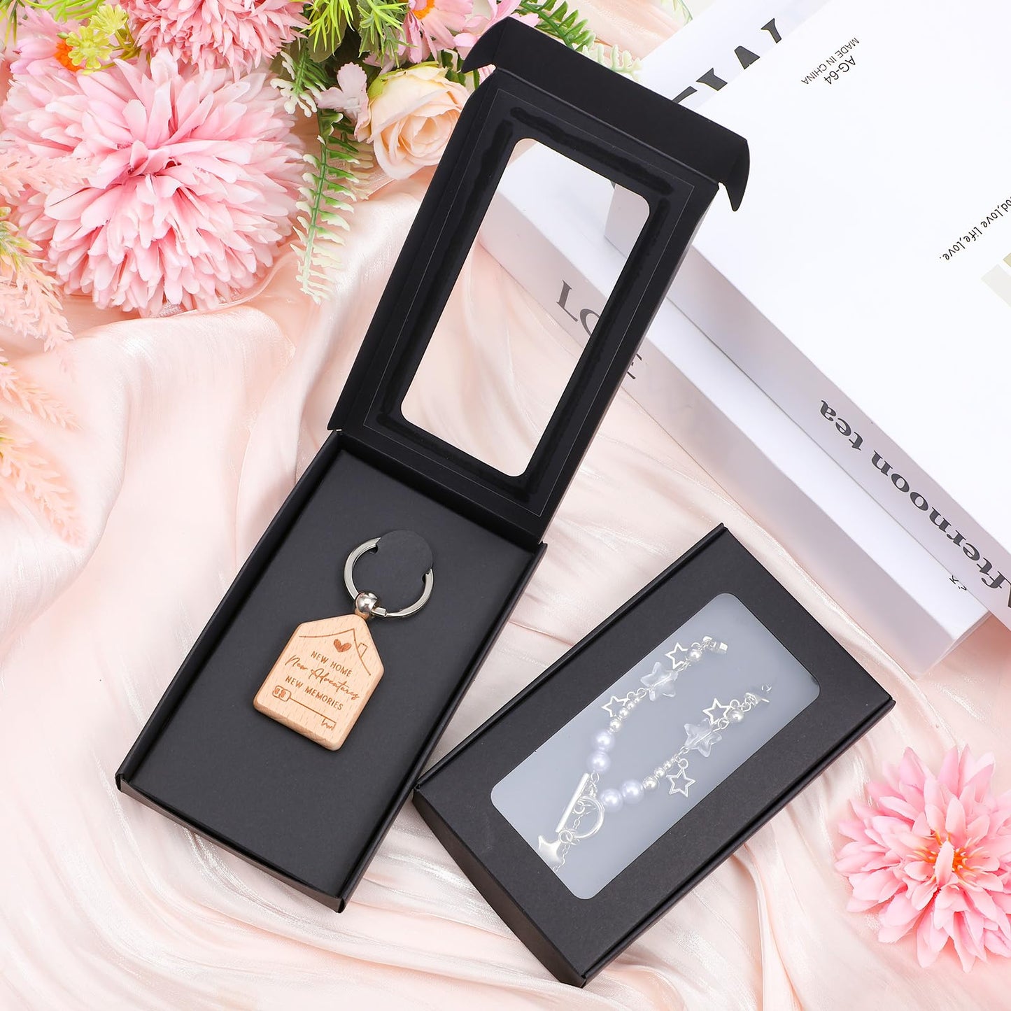 Tobeelec 50 Pcs Jewelry Packaging Boxes with Stickers - 5.4"x3.4"x0.7", Paper Necklace Gift Box Bulk with Clear Window Display Card Sticker for Displaying Necklaces Rings Bracelets Earrings (Black)