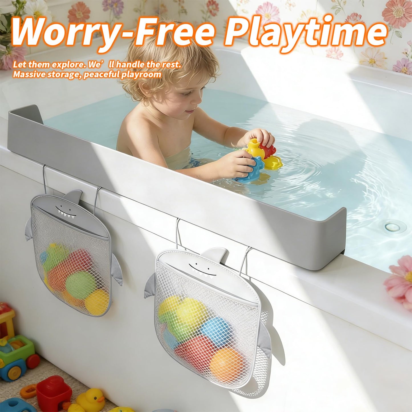 Grihmzo Extra-Long 31.5 Inch Bathtub Splash Guard for Kids,2 Storage Pockets Large Capacity Bath Toy Caddy Holder,Silicone Water Shield Prevent Bathroom Spills