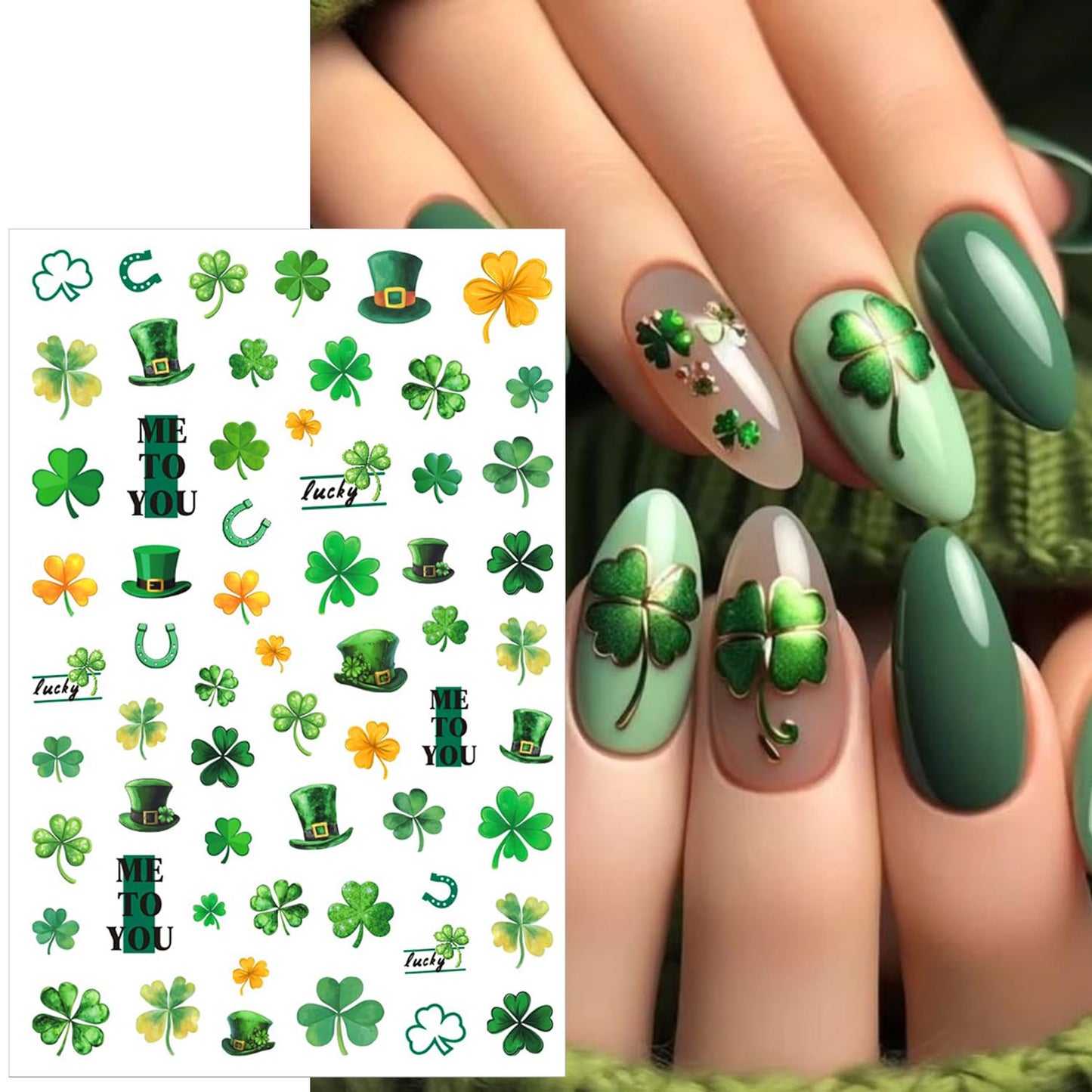 6Pcs St. Patrick's Day Nail Stickers Set Customized and Unique Irish Shamrock 3D Self-Adhesive Nail Decals Lucky Clover Four Leaf Design Green Shamrock Sticker for Saint Patricks Day Nail Decoration