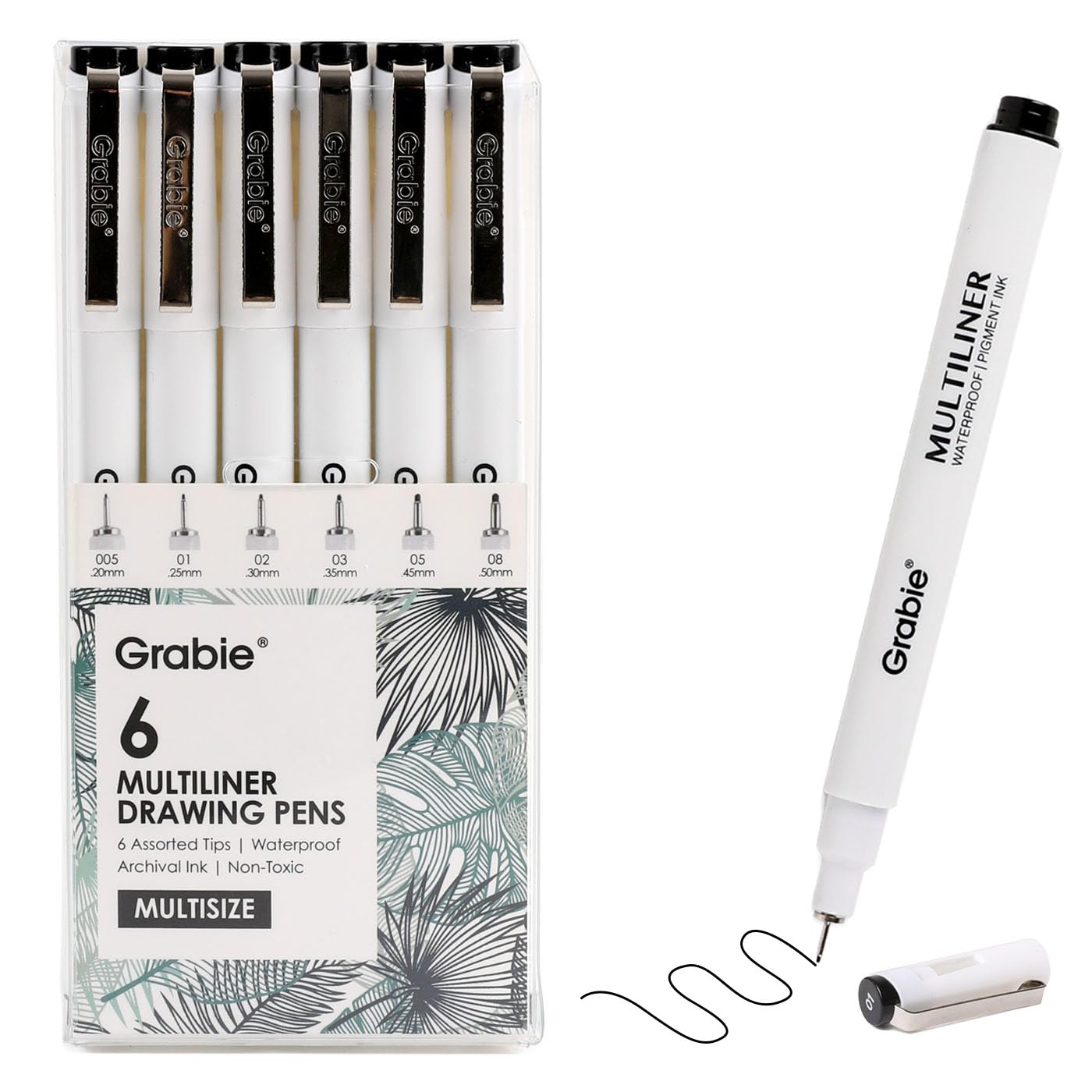 Grabie Micro Finerliner Pens, 6 Archival Black Ink Waterproof Drawing Pens, Assorted Point Sizes for Sketching, Illustration, Journaling, Art Supplies