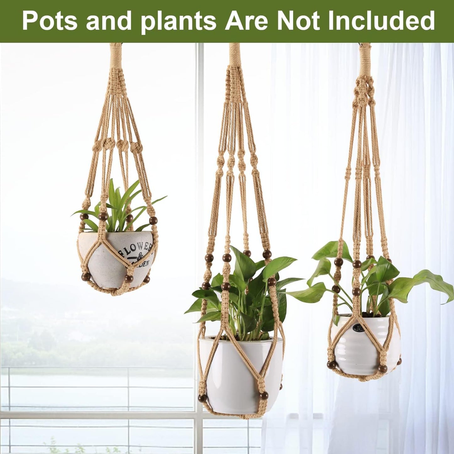 MKO SHUN 3-Pack Macrame Plant Hanger Indoor - Hanging Planter Basket for Indoor Outdoor - Decorative Boho Plant Holders Set with Beads - Ceiling Flower Pot Holder with 6 Hooks - 35"/30"/24" Linen