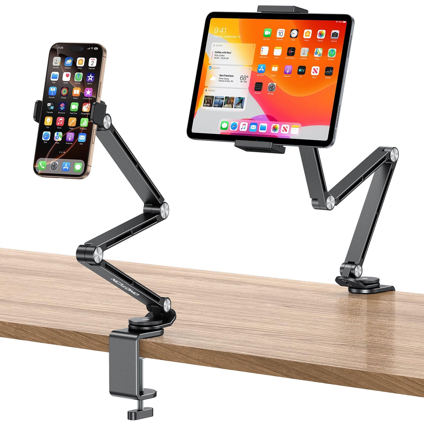 OMOTON Adjustable Tablet Stand for iPad, Desk Phone Holder for Bed with 2 Clamps, Flexible Aluminum Alloy Mount with 360° Rotation for 4-13" Devices (Black)