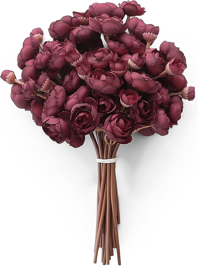 Floroom Ranunculus Artificial Flowers 18 Pcs Burgundy Faux Silk Mini Ranunculus Bulk Fake Wedding Filler Flowers for DIY Red Bouquets, Centerpieces, Bridal Shower Decorations & Arrangements