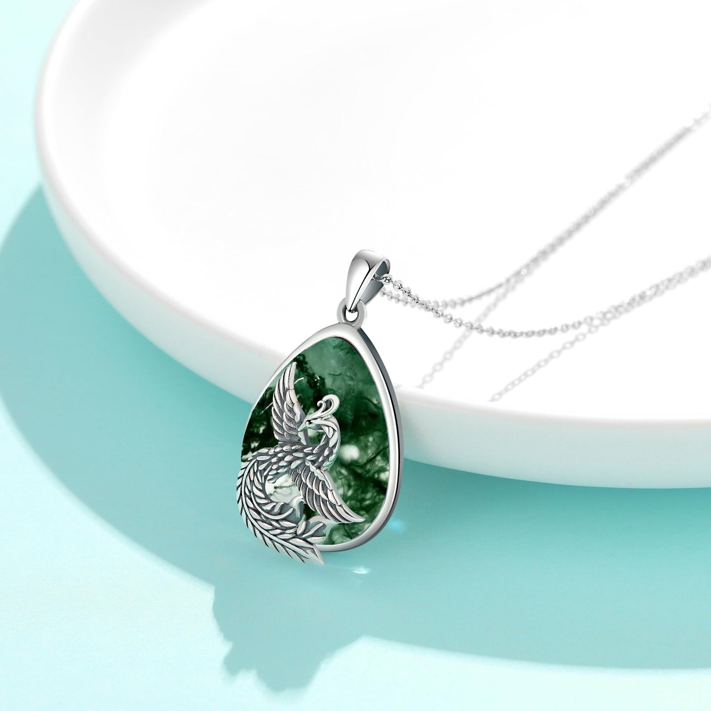 YAFEINI Phoenix Necklace Moss Agate 925 Sterling Silver Phoenix Pendant Mother's Day Jewelry for Women Mom