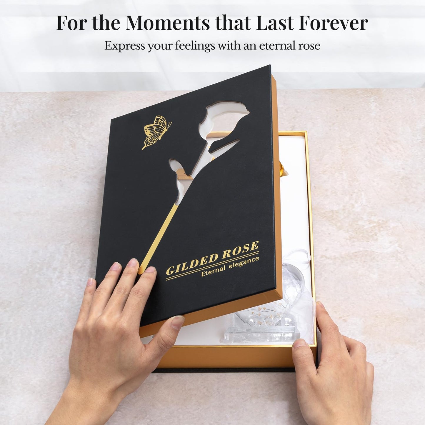CIAPSK 24K Gold Dipped Rose Gift Set – Luxury Eternal Golden Rose with Interlocking Acrylic Butterfly Display Base & Premium Book-Style Gift Box – Romantic Anniversary & Birthday Gift for Her