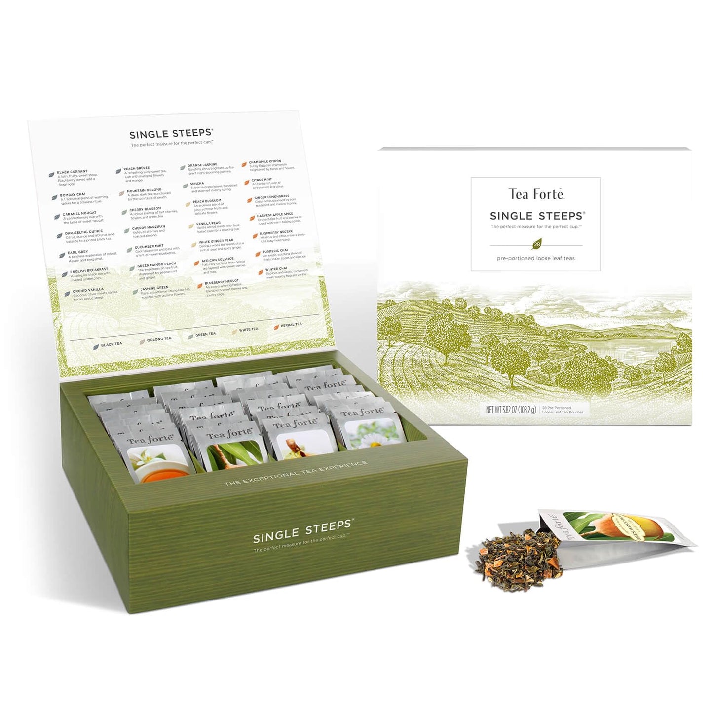 Tea Forte Single Steeps Loose Leaf Tea Sampler, Assorted Variety Tea Box, 15 Single Serve Pouches, Gifts for Mom, Classic Tea