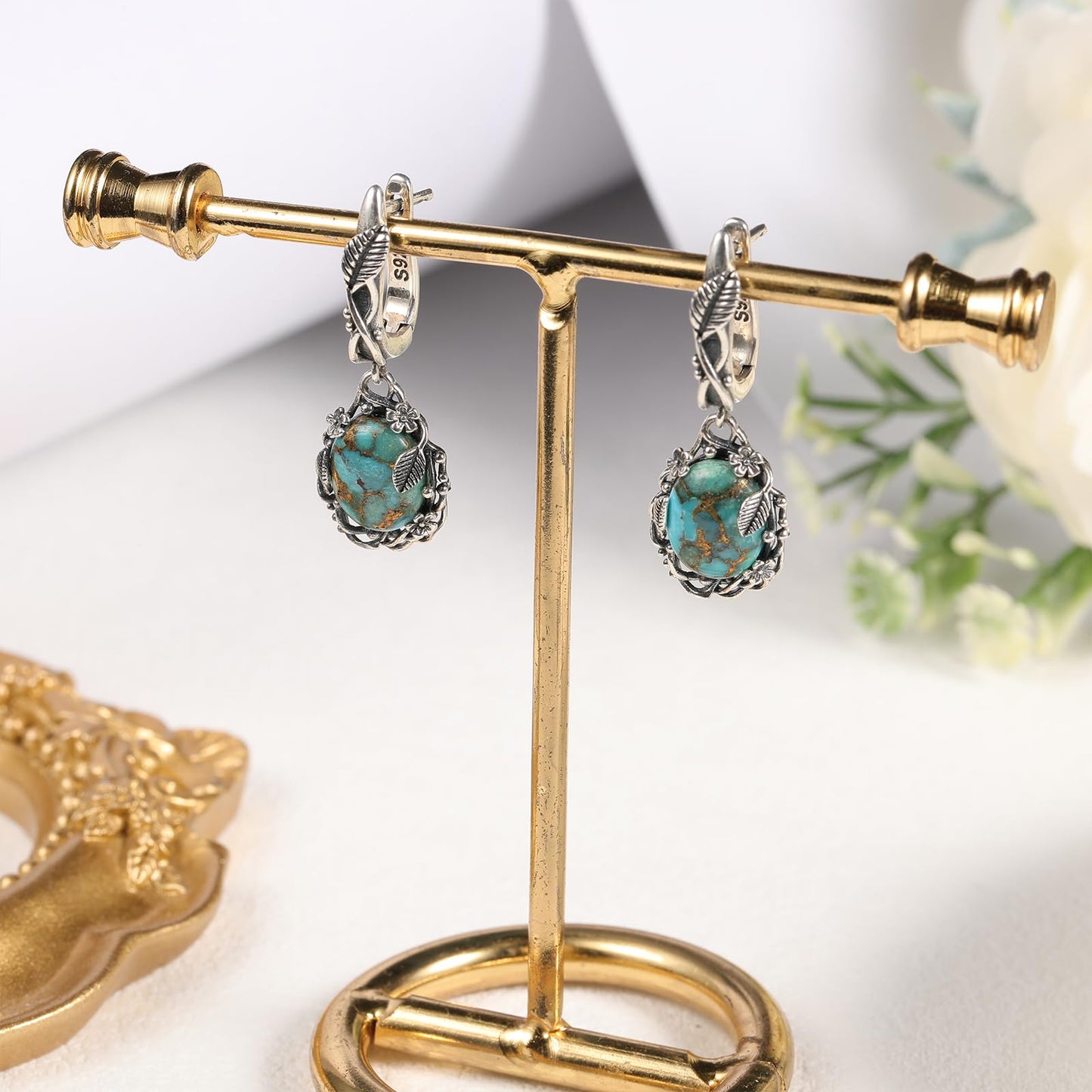 Phyonio Teal Oval Turquoise Dangle Earrings for Women Leaf Vine Flower Latch Back 925 Sterling Silver Earring Vintage Oxidised Boho Jewelry Valentines Day Gift for Wife