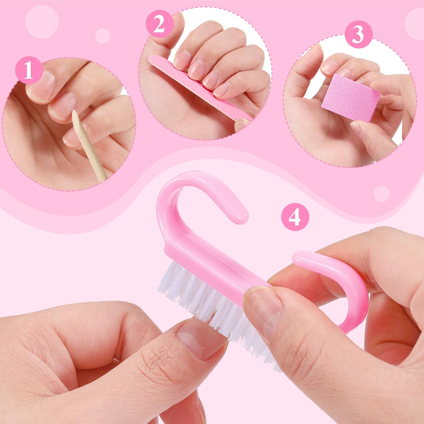 Leriton 100 Sets Mothers Day Professional Disposable Manicure Kit Basics 4 Piece Nail Kit Wood Nail File 100/180 Grit, Mini Buffer 80/100 Grit, Wood Stick and Handle Grip Brush Gifts(Pink)
