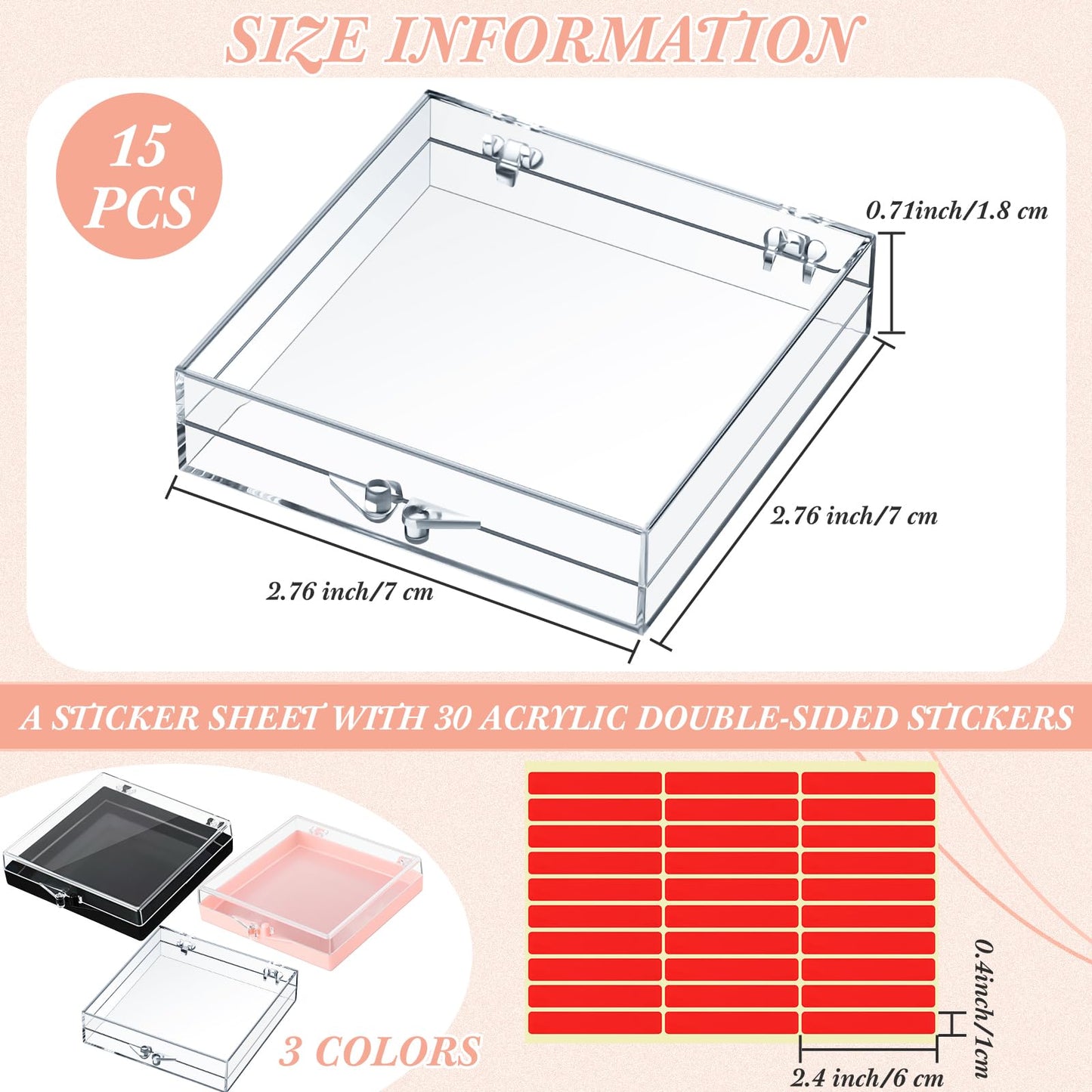 Landhoow 15 Pcs Press On Nail Boxes Nail Display Case with 30 Adhesive Tape, Artificial Press On Nail Container, Acrylic Storage Organizer(Clear, Black, Pink)
