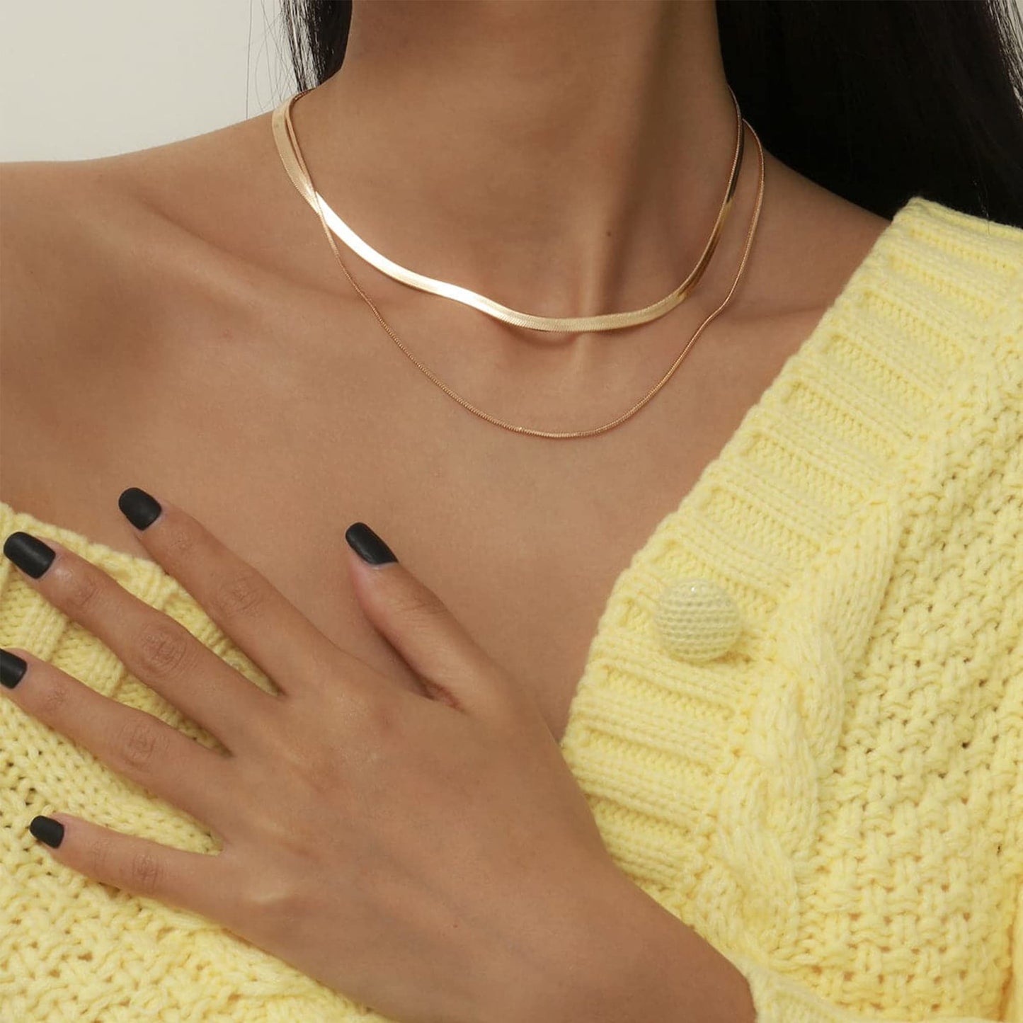 Freekiss Gold Herringbone Necklace for Women, Dainty 14k Gold Plated Flat Snake Gold Chain Choker, 16.5 inches, Perfect for Layering and Gifting
