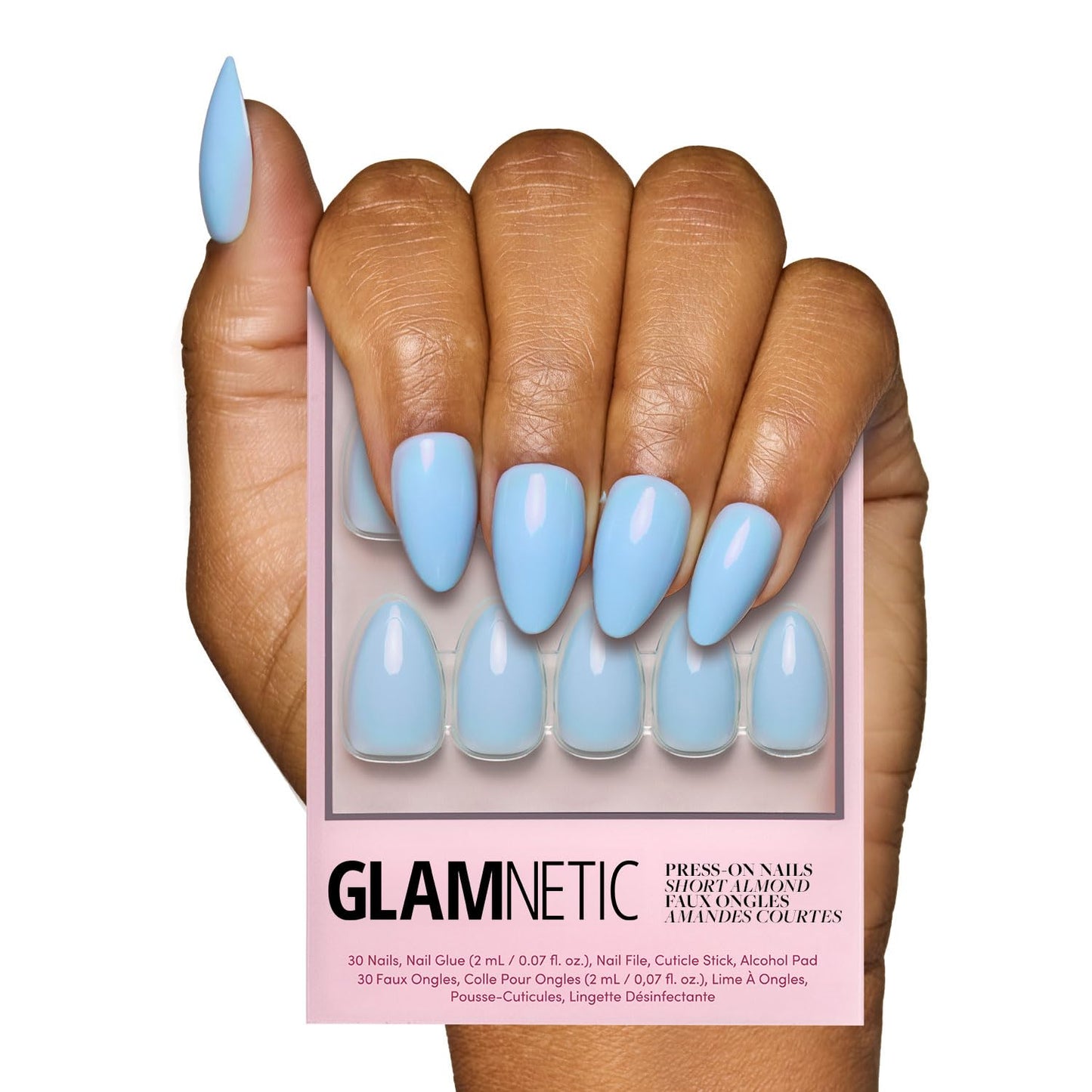Glamnetic Press On Nails - Soft Blue | Short Almond Blue Fake Nails with Glossy Finish, Salon Quality | 15 Sizes - 30 Nail Kit with Glue