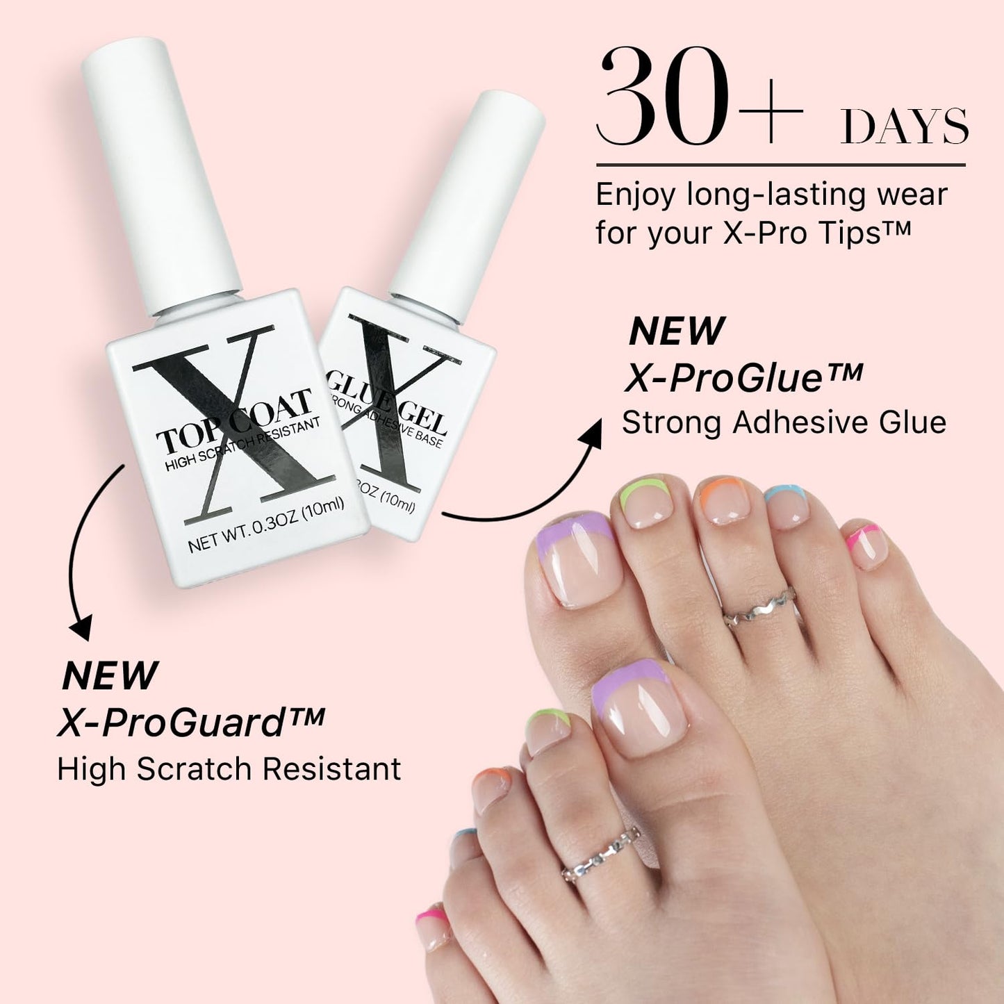 SXC Cosmetics X-Pro Tips French Tip Press On Toenails for Women, Acrylic Soft Gel System (Short French Pastel Glow, Short)