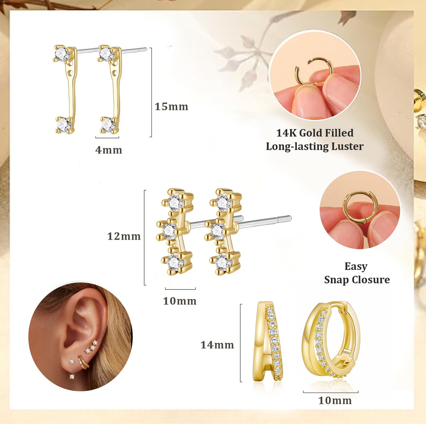 DORANA 3 Pair Small Gold Hoop Earrings Set for Women 925 Sterling Silver Huggie Earrings Non Tarnish Small Cartilage Hoops Stackable Earring Stacks Sets for Multiple Piercing