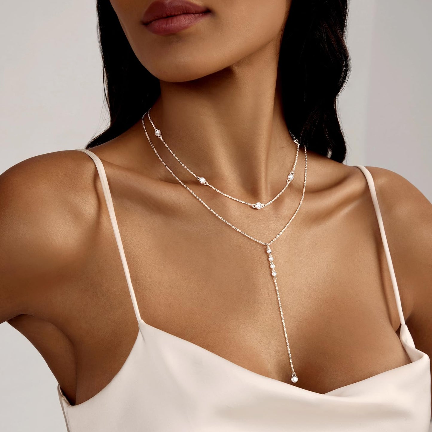 Luxval Long Silver Necklace for Women- Dainty Silver Teardrop Drop Lariat Necklace Trendy Layered Simple CZ Y-Shaped Body Chain Stack Wedding Prom Dangle Statement Necklace Jewelry Gifts
