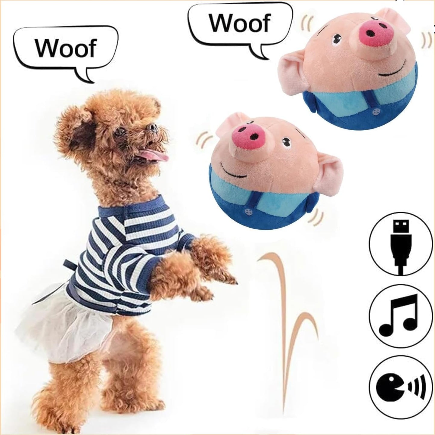 OTXKXBLP Active Moving Pet Plush Toy, Interactive Dog Toys Pet Bouncing Balls, USB Rechargeable Interactive Washable Cartoon Pig Plush Sound Electronic Dog Toy, Small Cute Squeaky Pig Dog Toy (Blue)