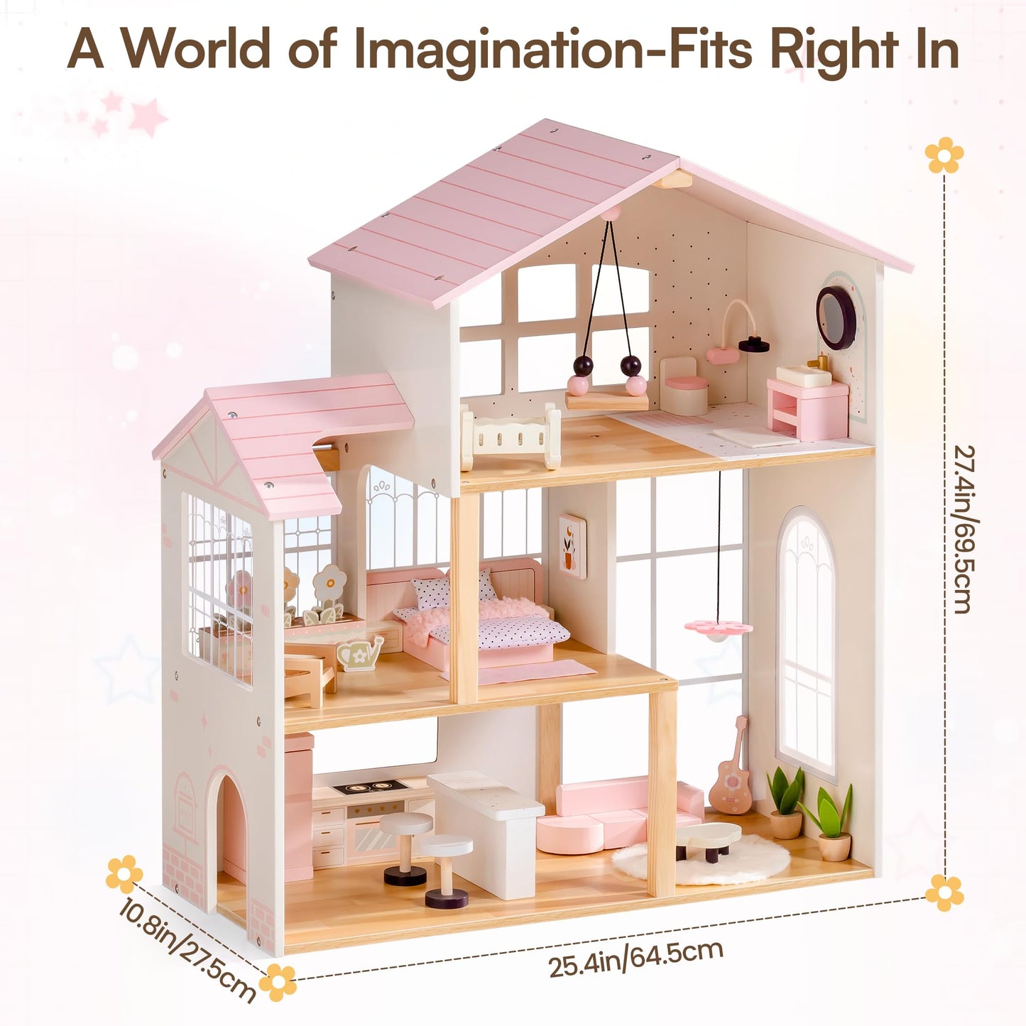 ROBOTIME Doll House for Girls – Three-Story Wooden Dollhouse with 6 Open Rooms, Transparent Conservatory, 37Pcs DIY Modular Furniture Accessories, Pretend Dollouse Creative Gift for Girl Ages 3+