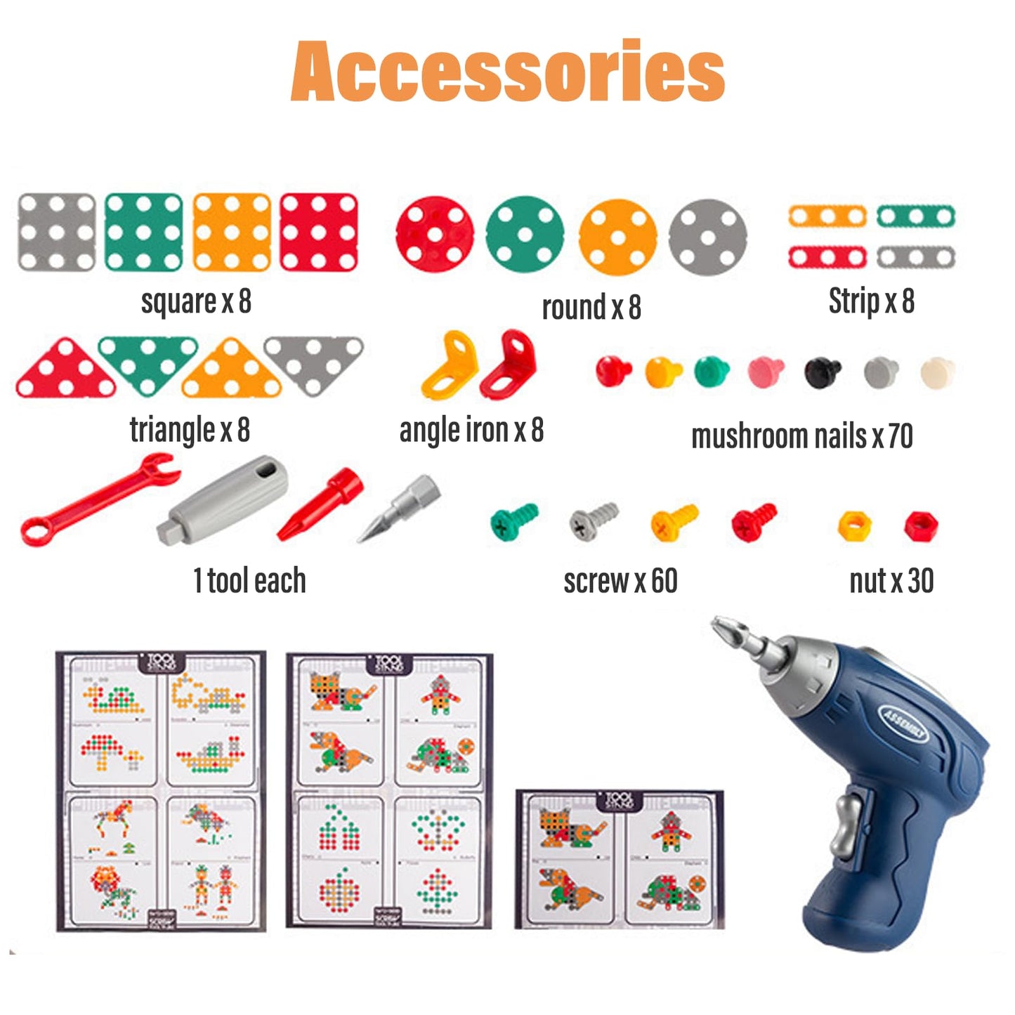 Magic Montessori Play Toolbox with Drill, 203Pcs Magic Montessori Play Toolbox Bear-Themed, 2D/3D Creativity Tool Box Montessori Toys Gift for Age 3-12 Years Old Boys Kids, Girls