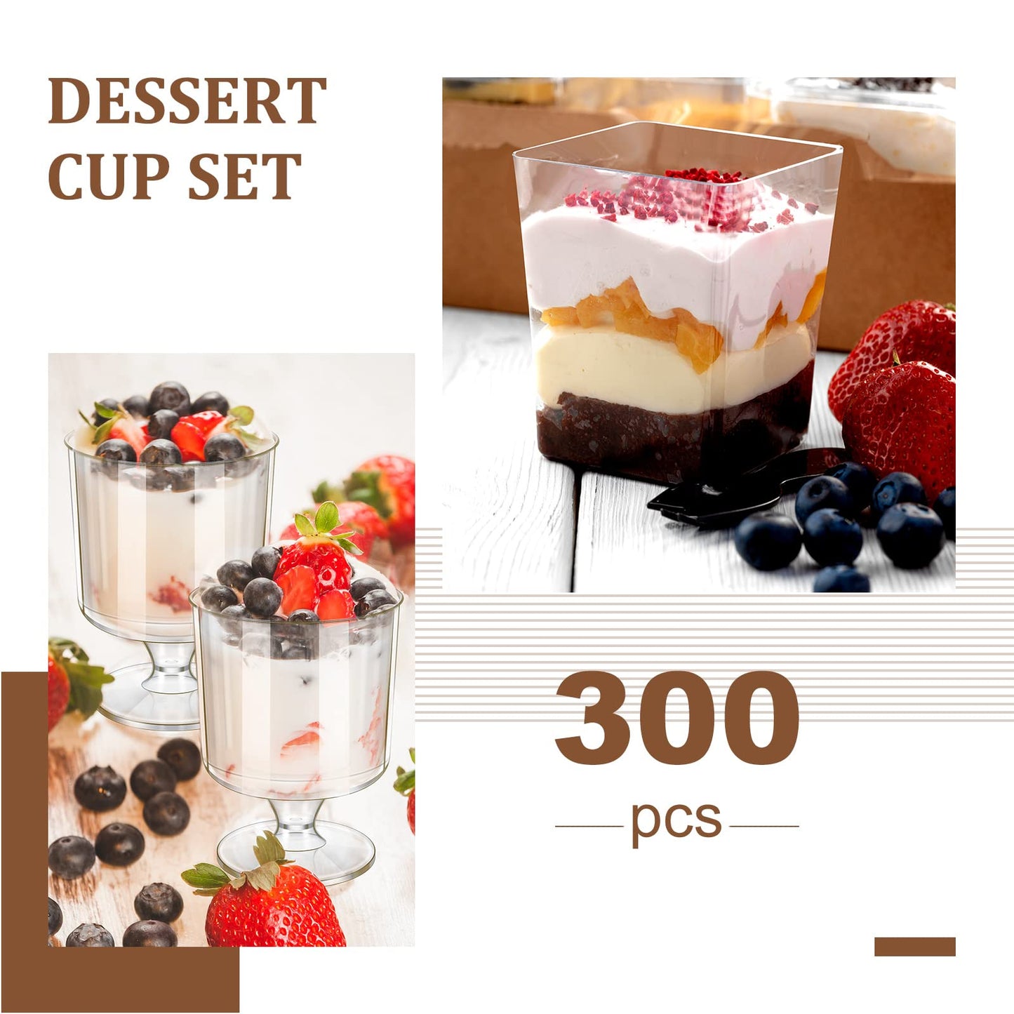 Funtery 300 Pack 5oz Mini Dessert Cups with Spoons - Reusable Clear Plastic Yogurt Parfait & Appetizer Shooter Cups for Pudding, Ice Cream & Party Desserts - Ideal for Weddings, Birthdays & Events