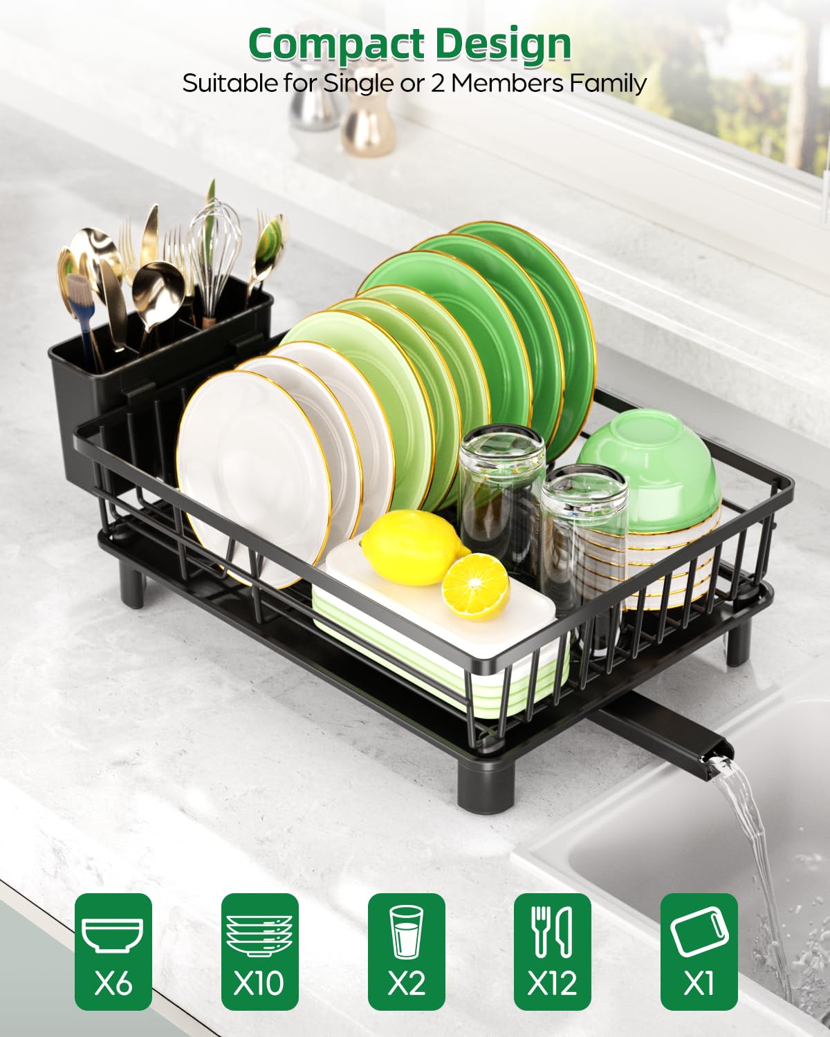 CosyPic Dish Drying Rack for Kitchen Counter, Stainless Steel Drainer Anti Rust, Smart Drainage System Drainboard with Detachable Cutlery Holder, Handwash Dish Helper for Home, Apartment Space Saving