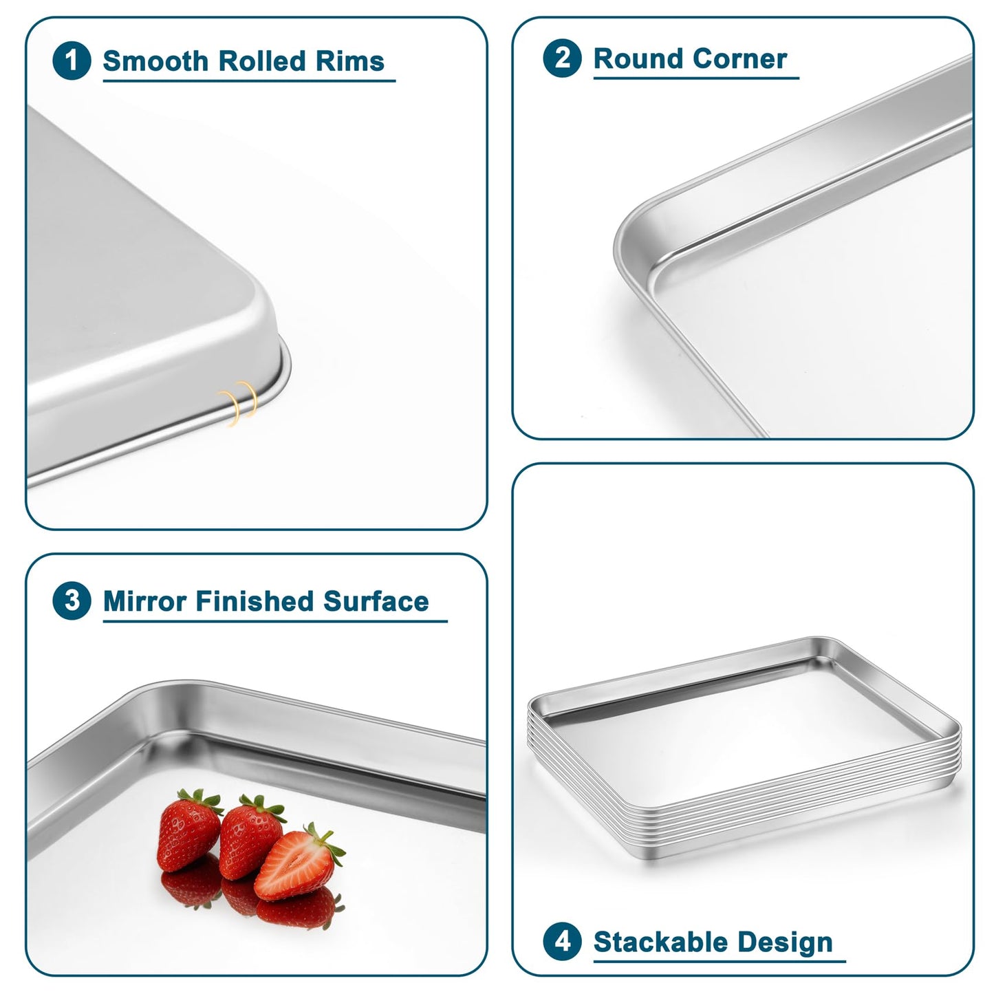 TeamFar Baking Sheet Pan, 6 Pack Stainless Steel Half Size Baking Pans Set, Metal Large Cookie Sheets for Baking/Roasting/Serving, Non-Toxic & Heavy Duty, Dishwasher Safe, 17.6” x 13” x 1”