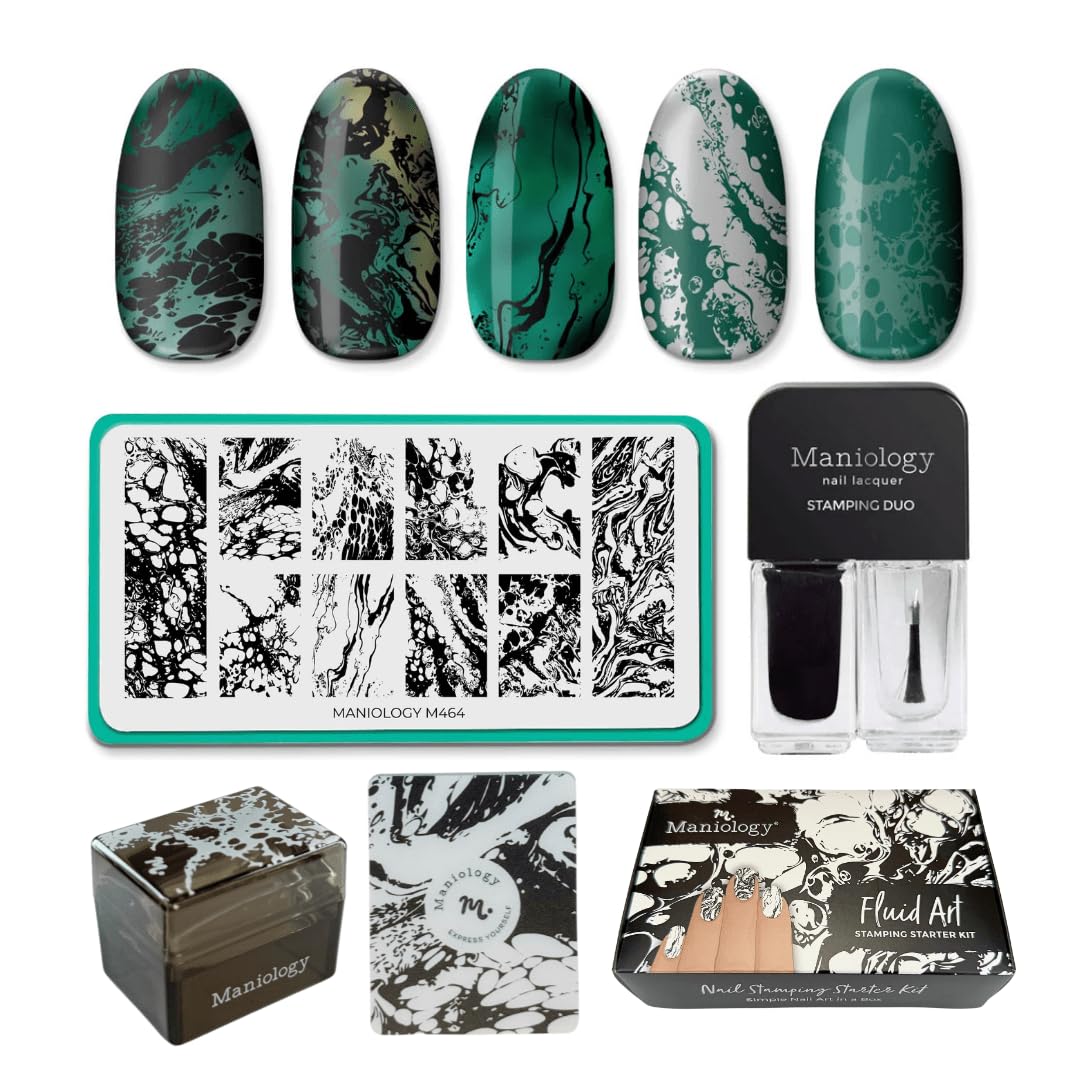 Maniology Fluid Art Nail Stamping Starter Kit | Water Marbling-Inspired Patterns & Easy Marble Designs DIY Manicure Nail Art Set – Includes Stamping Plate, Polish, Top Coat, Stamper & Scraper Card