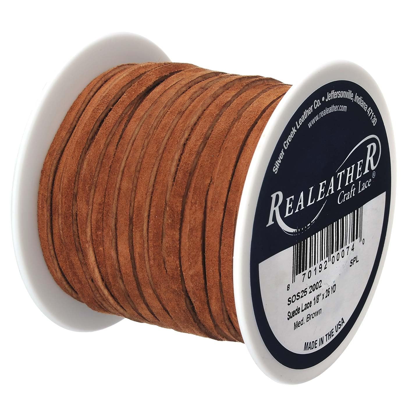 Silver Creek Leather Co Realeather SOS25-2002 Suede Leather Lace for Crafts and Jewelry Making, 0.125" x 25', Medium Brown, 1-Spool