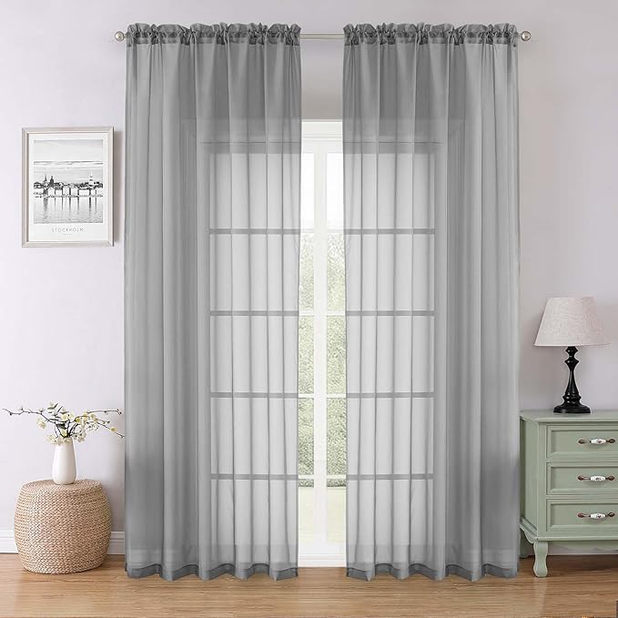 Lecloud Charcoal Grey Sheer Curtains 90 Inches Long 2 Panels Set, Dual Rod Pocket Living Room Curtains for Bedroom Decor, Light Filtering Airy Rustic Dining Room Drapes, Each Panel 59" W x 90" L